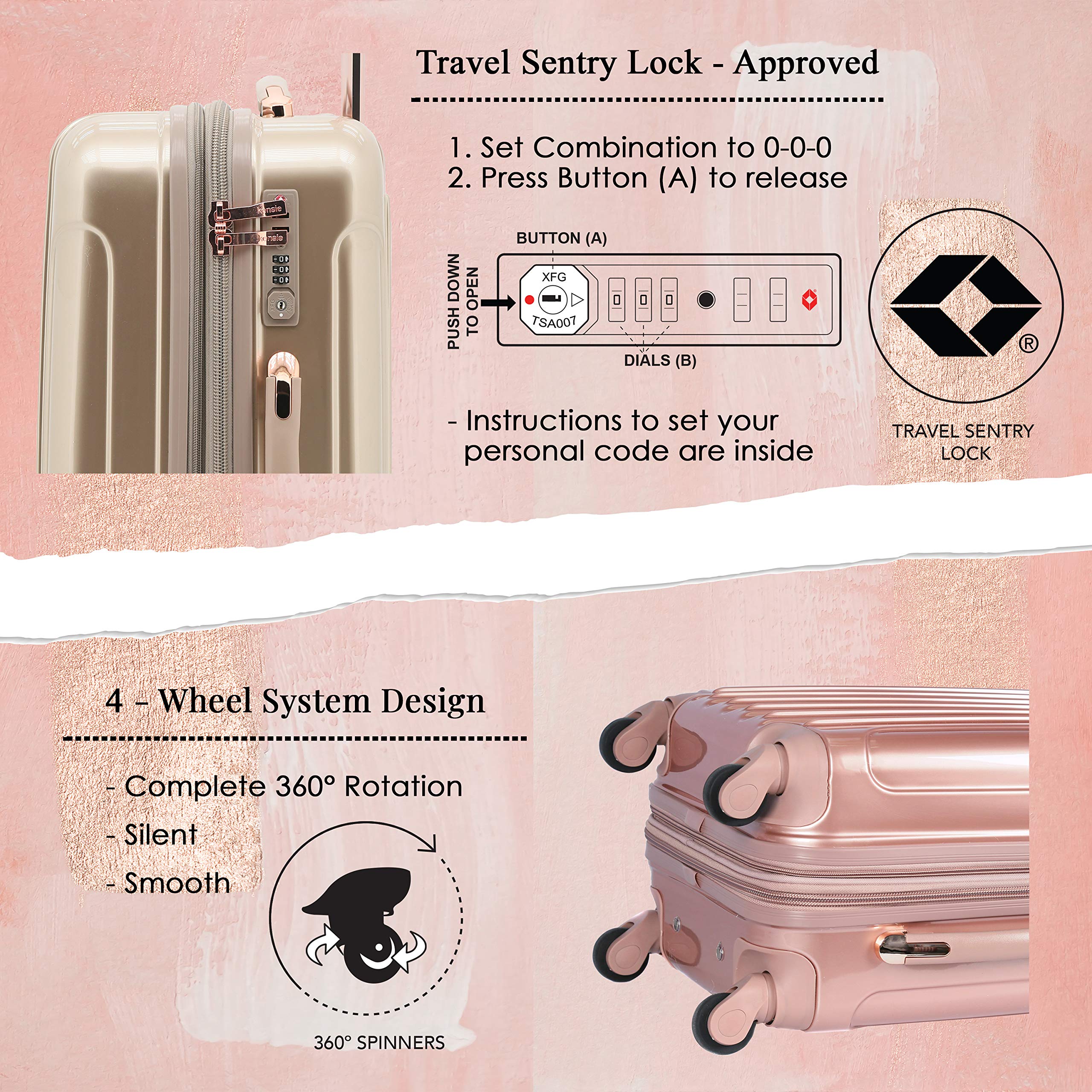 Kensie Women's Alma 20-Inch Rose Gold Carry-On Luggage Set - Lightweight Spinner Suitcase for Travel, Business Trips & Weekend Getaways