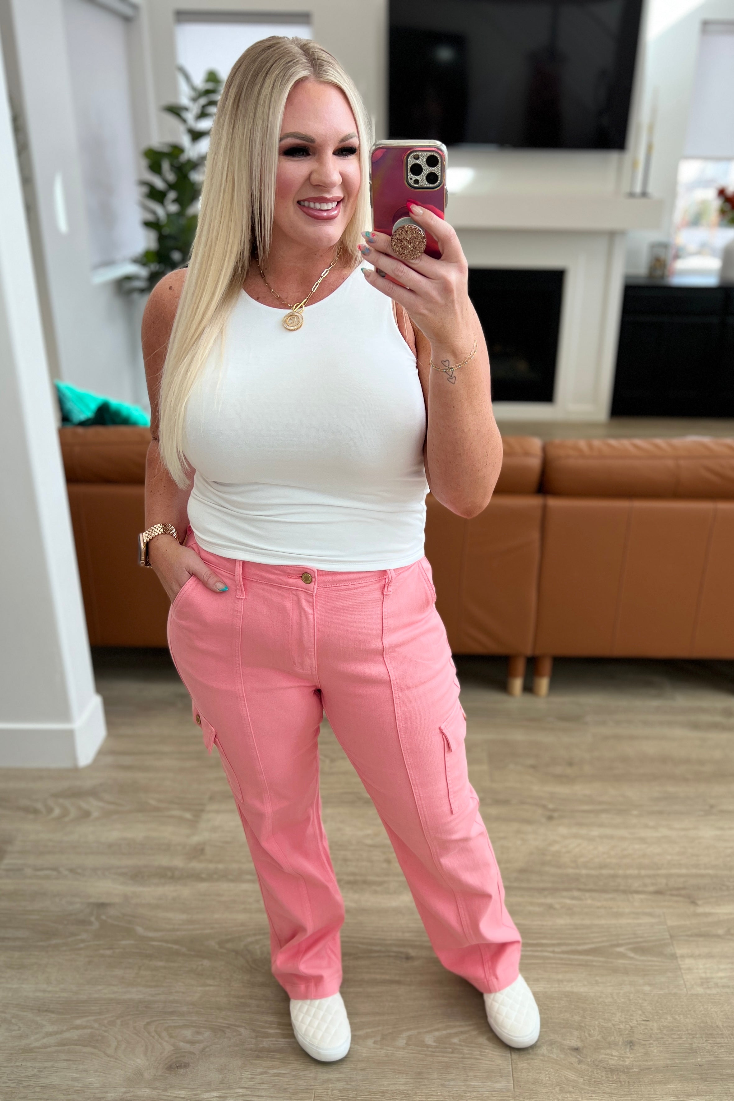 Peggy High Rise Cargo Straight Jeans for Women - Pink Denim Pants with Pockets | Casual Streetwear, Workwear & Everyday Fashion Outfits