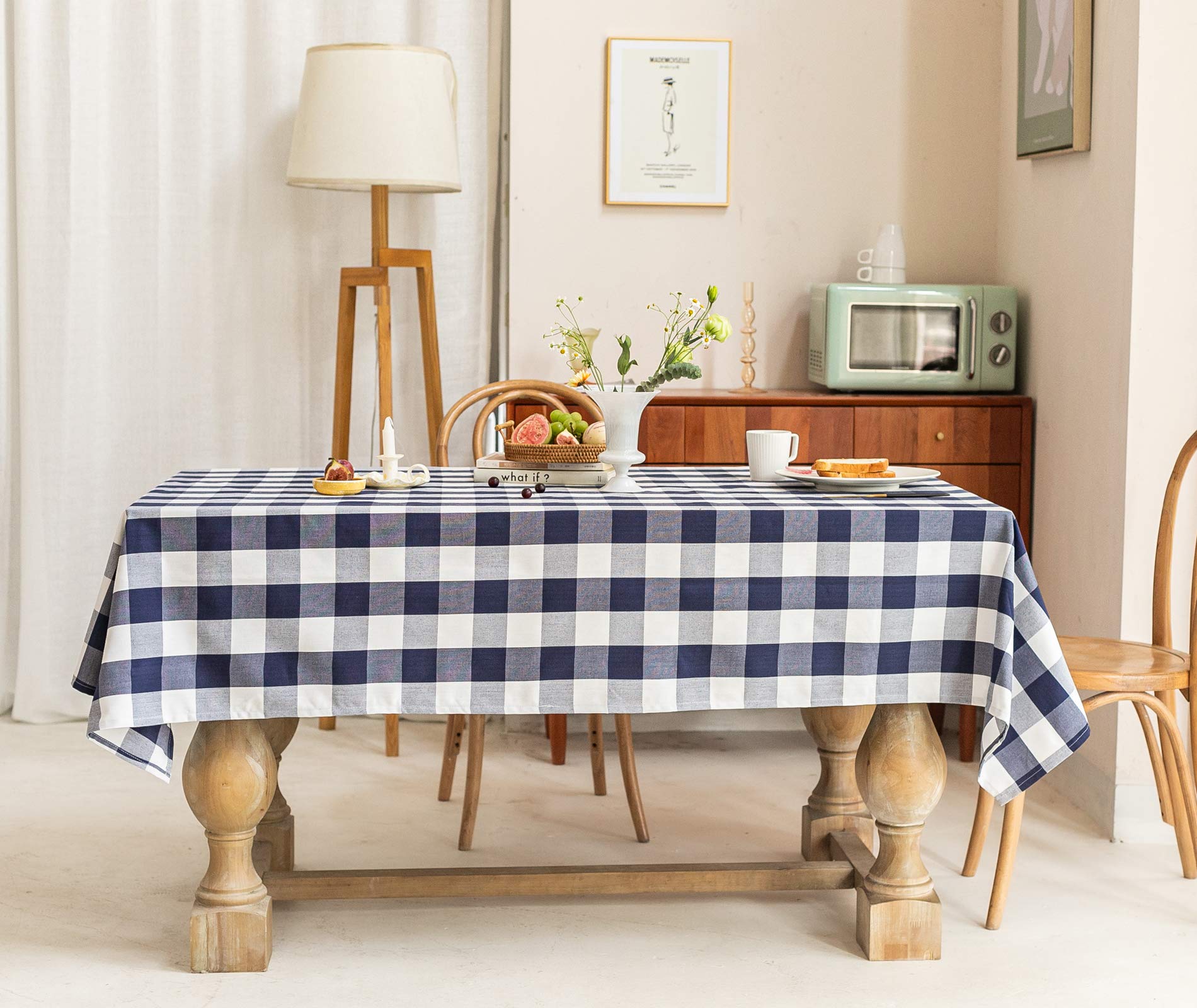 Premium Cotton Linen Round Checkered Tablecloth - Stain Resistant, Wrinkle Free & Anti-Fading - 55
