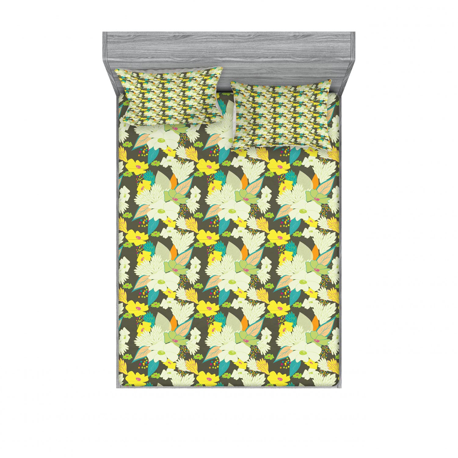 Ambesonne Floral 2-Pack Full Size Fitted Sheet Set with 4 Pillow Shams - Vibrant Summer Bloom Pattern Bedding Collection - Soft Wrinkle-Resistant Fabric for Guest Rooms, Dorms & Vacation Homes