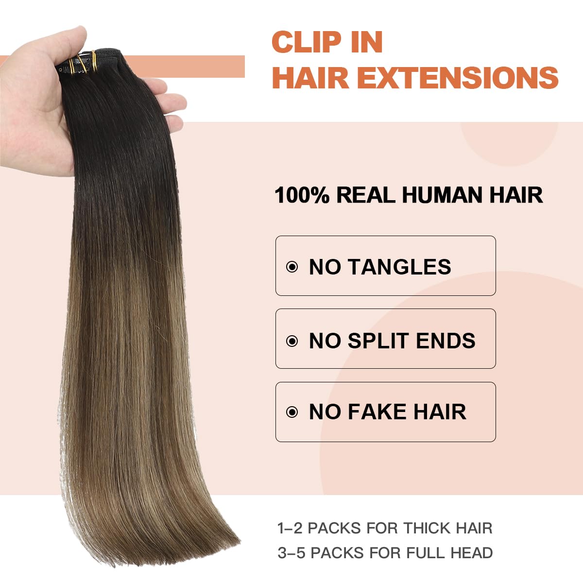 XD Clip in Hair Extensions 20inch - 120g Balayage Ombre Chocolate Brown to Caramel Blonde Human Hair Extensions (6pcs) | Remy Hair, Straight & Natural Black/4/27 | Perfect for Daily Wear, Parties & Special Occasions