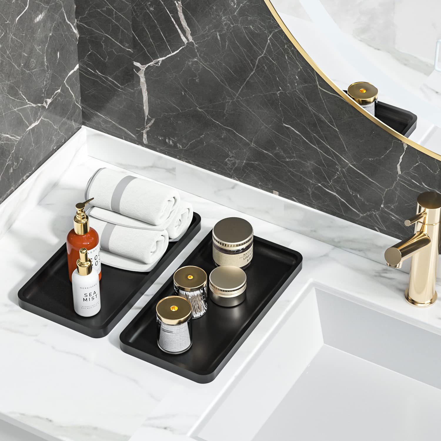 Premium Bathroom Vanity Tray Set of 2 - Black Countertop Organizer for Toiletries, Perfume, Makeup & Candles | Kitchen Tray for Soap Dispenser, Spices & Oils | Perfect for Sink, Toilet Tank & Coffee Station Organization