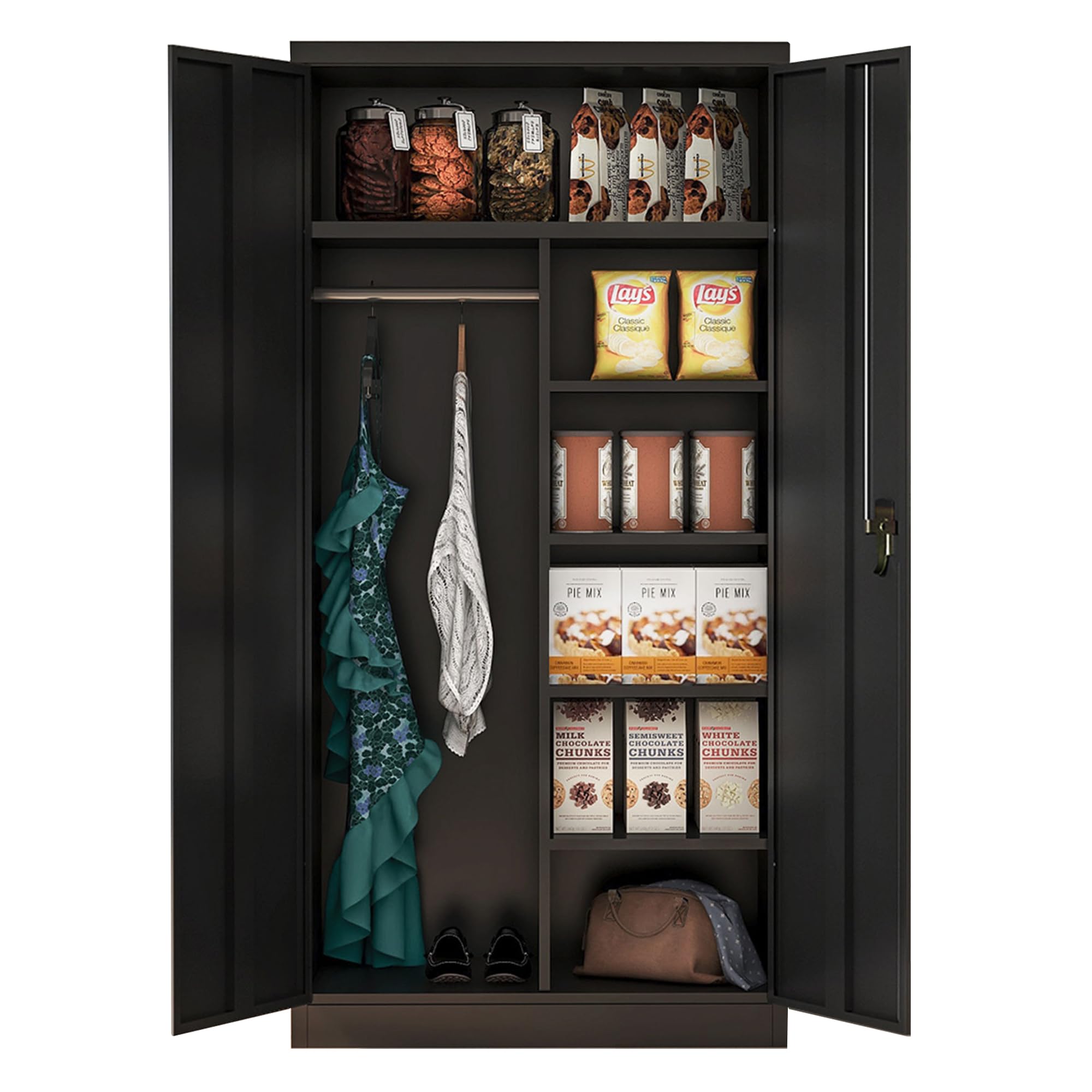 Aobabo Large Metal Wardrobe Storage Cabinet with 3 Adjustable Shelves, Hanging Rod & Lockable Doors - Perfect for Bedroom Closet, Garage Organization & Entryway Storage (Black)