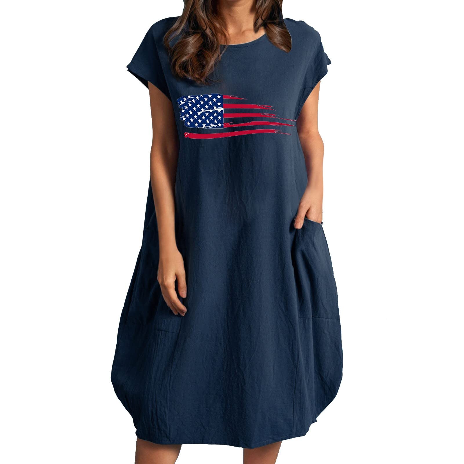 Women's Casual Summer Dresses - American Flag Printed Loose Short Sleeve Round Neck Dress | Perfect for Beach Outings, 4th of July Celebrations & Summer Vacations