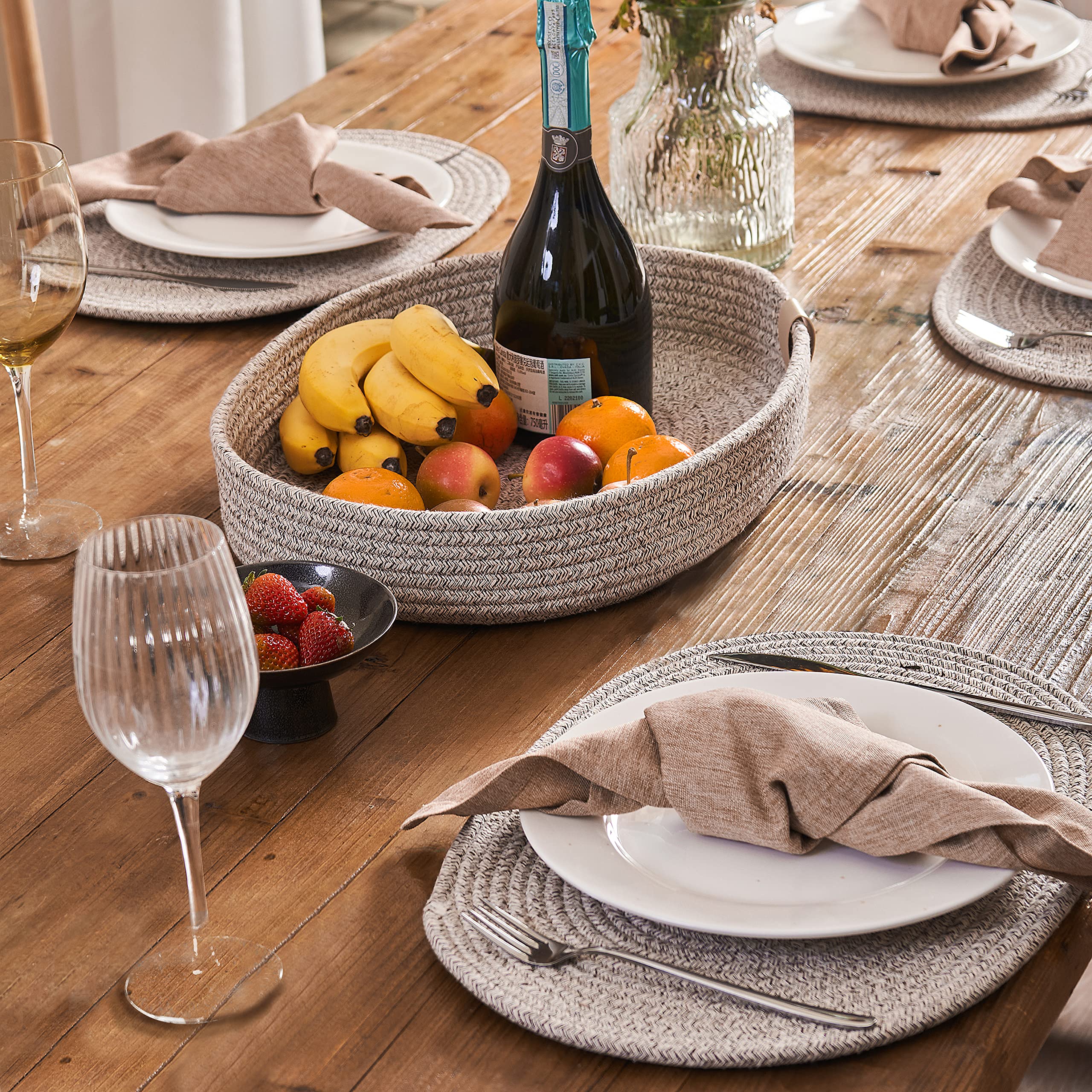 Set of 6 Oval Woven Boho Farmhouse Placemats - Handmade Rustic Table Mats for Dining & Kitchen Decor (16x12 Inches, Brown Mixed) | Washable & Durable for Everyday Meals, Dinner Parties & Home Styling