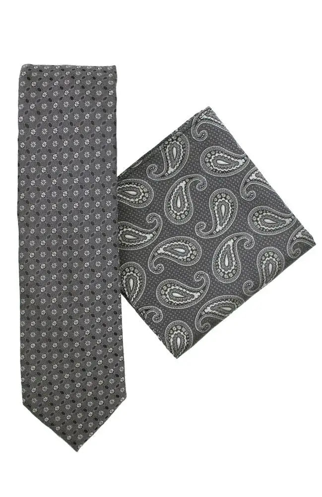 L.A. Smith Grey Paisley Tie and Pocket Square Set - Premium Silk Necktie & Handkerchief Combo for Formal Events, Weddings & Business Meetings