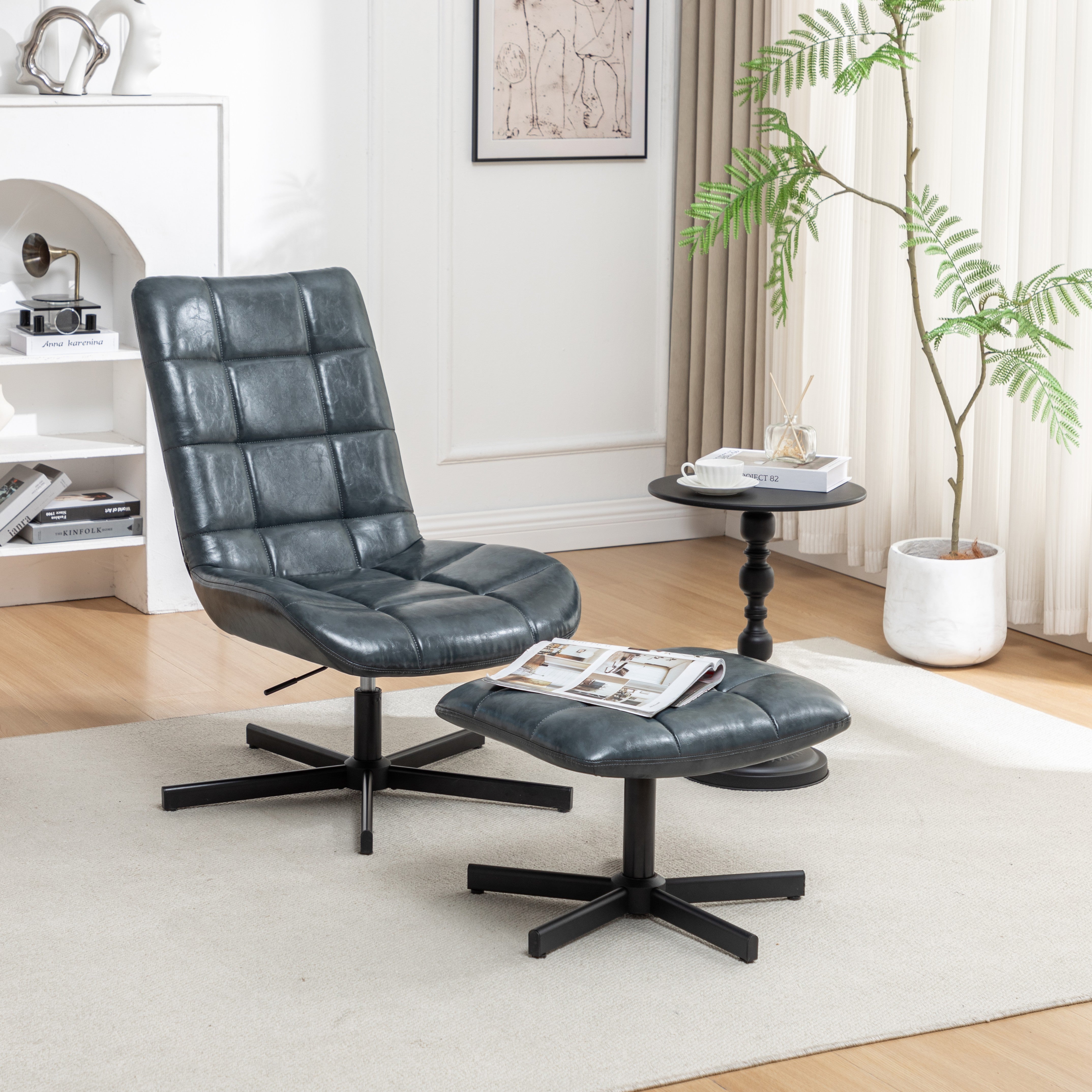 Roundhill Furniture Arlena Faux Leather Tufted Accent Chair with Ottoman Set - Modern Living Room Seating for Home Office, Bedroom or Lounge Area