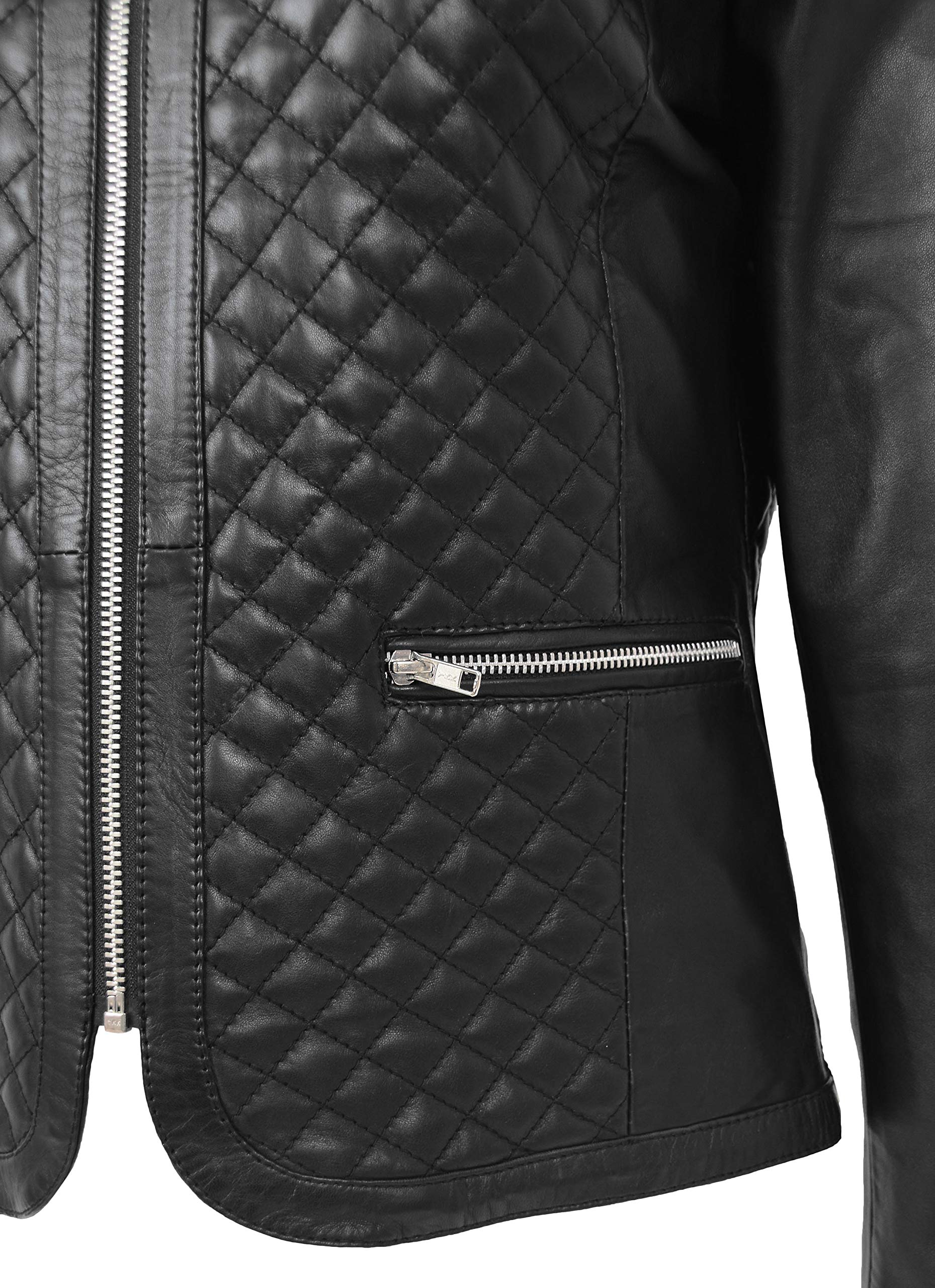 Women's Collarless Soft Black Leather Jacket - Biker Style Fitted Quilted Stitch Design for Motorcycle Riding & Casual Outfits