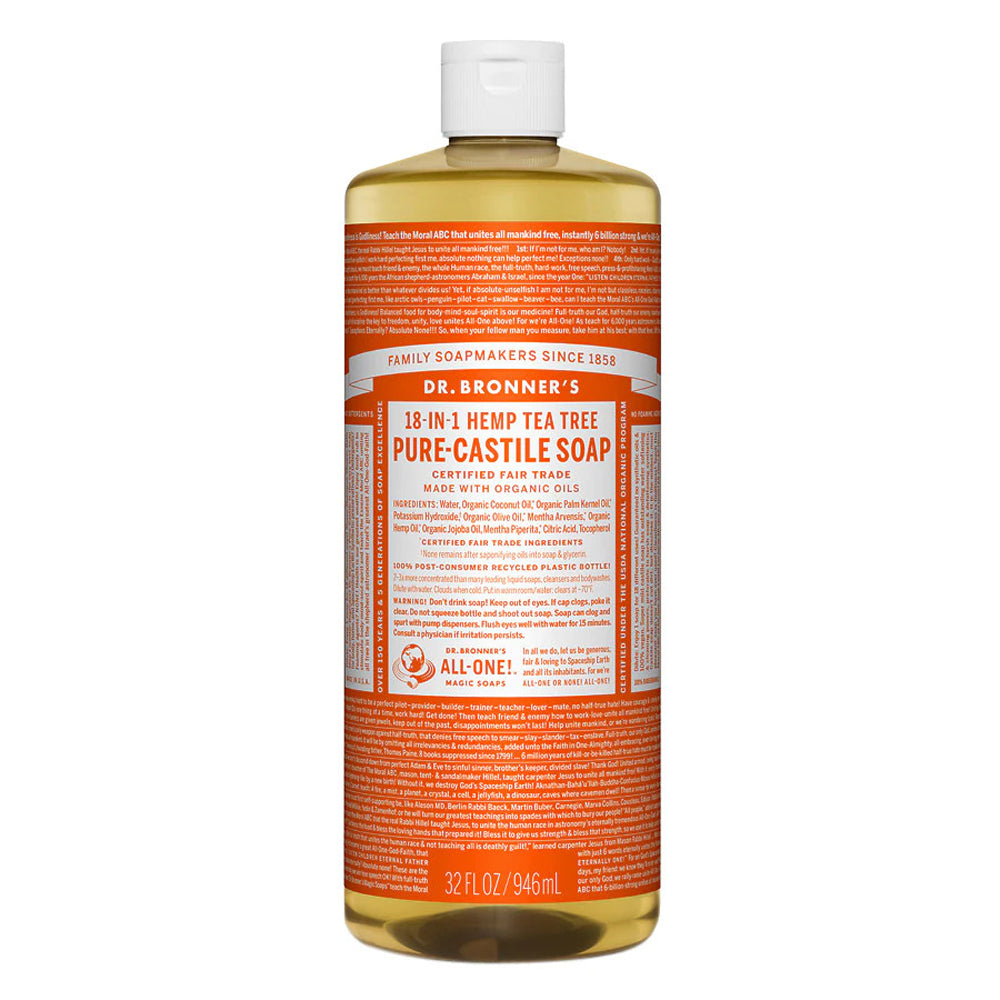 Dr. Bronner's Pure Castile Tea Tree Soap - 32oz Bottle for Face, Body & Hair | Organic, Vegan & Multipurpose Liquid Soap for Shower, Bath & Household Cleaning