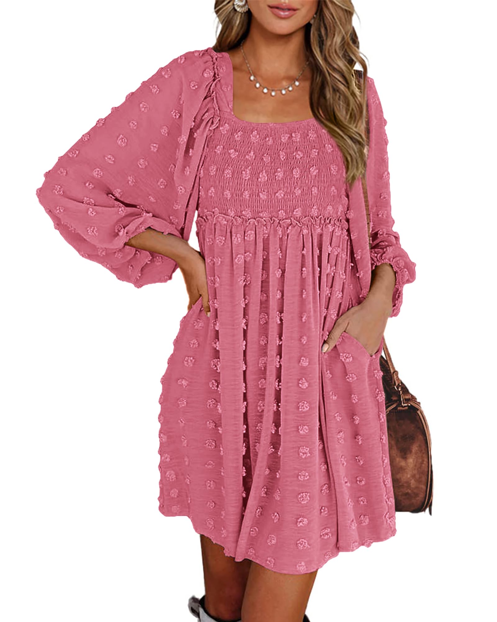 BTFBM Women's Floral Swiss Dot Boho Dress - Square Neck Smocked Long Sleeve Mini Dress for Spring & Summer 2025 | Perfect for Wedding Guest, Garden Party & Casual Outings