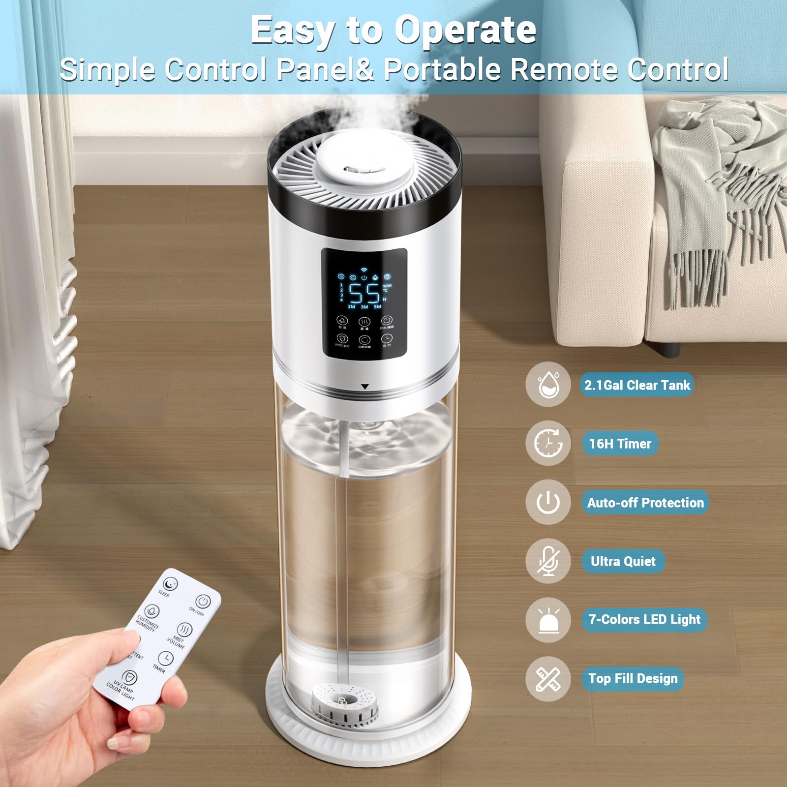 Ultrasonic Cool Mist Humidifier for Large Bedroom & Office - 8L (2.1Gal) Capacity with Clear Tank, 7-Color Ambient Light, Built-in Humidistat & Essential Oil Tray - Ultra Quiet (36dB) for Better Sleep, Air Comfort & Aromatherapy