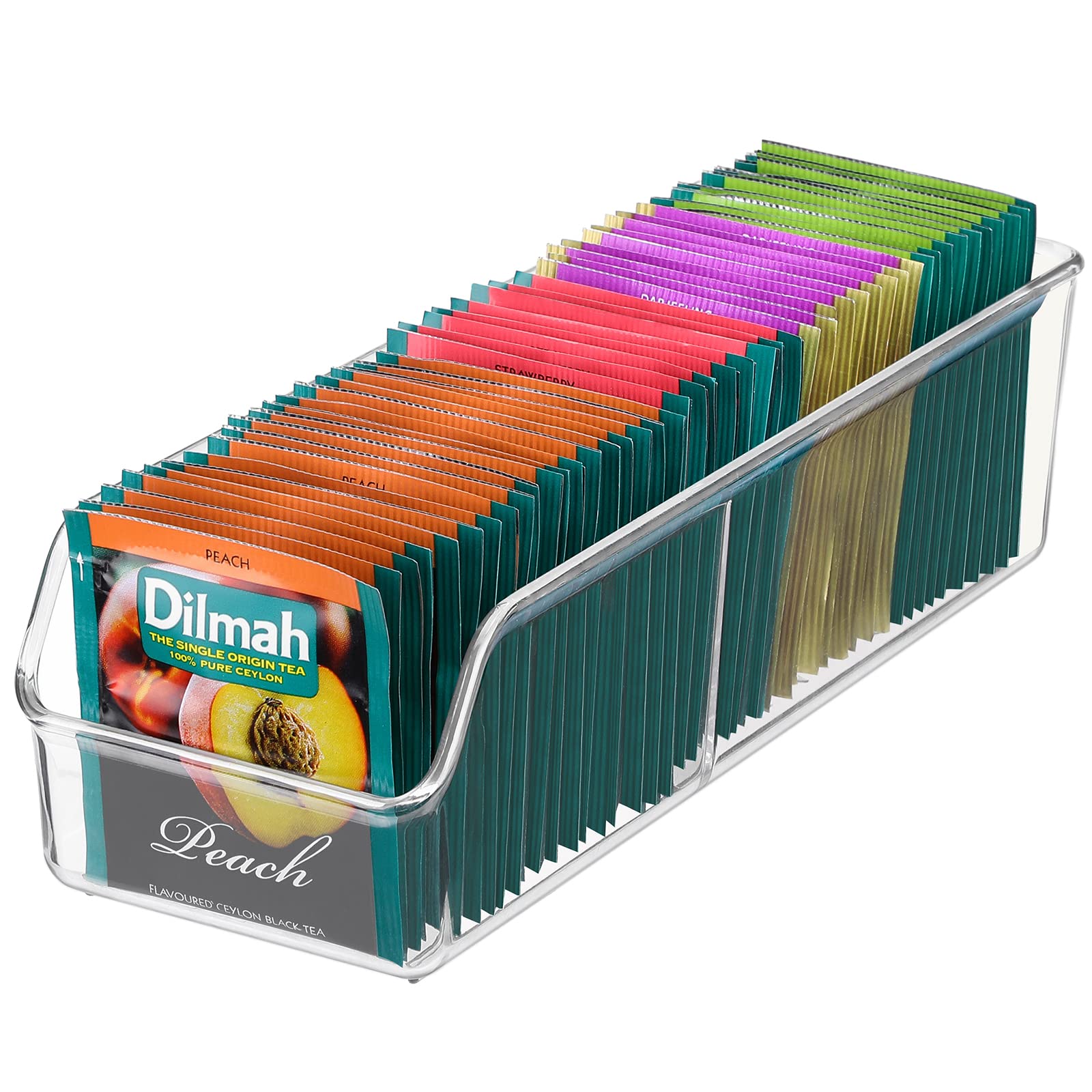 MaxGear Clear Tea Bag Organizer & Storage Box - 10.4 x 3.5 x 3 inch Kitchen Cabinet Organizer for Tea Bags, Coffee, Sugar Packets, Spices & Condiments - Perfect for Pantry, Countertop & Cabinet Organization