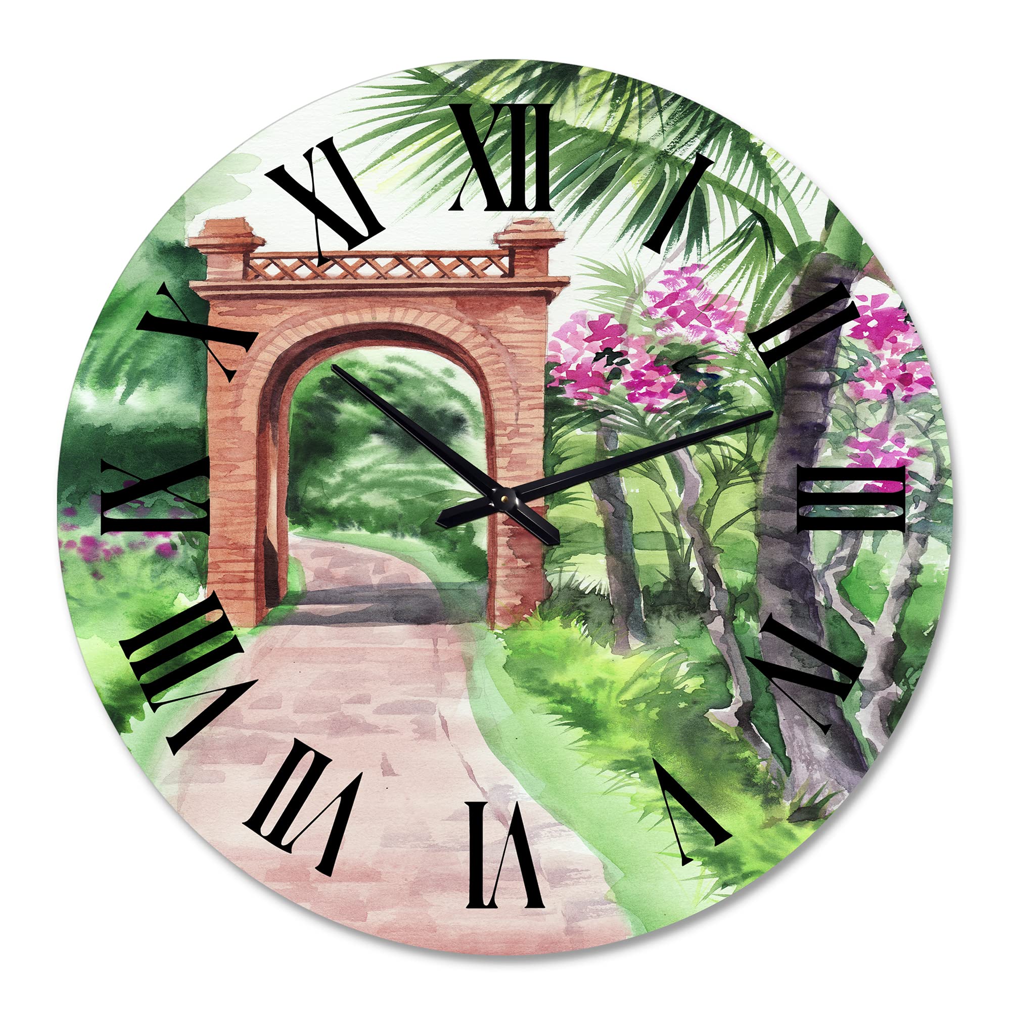 DesignQ Tropical Wall Clock - Large Traditional Gate in Oasis Landscape Decor for Home & Office | Perfect for Beach House, Boho Room & Nature-Themed Spaces