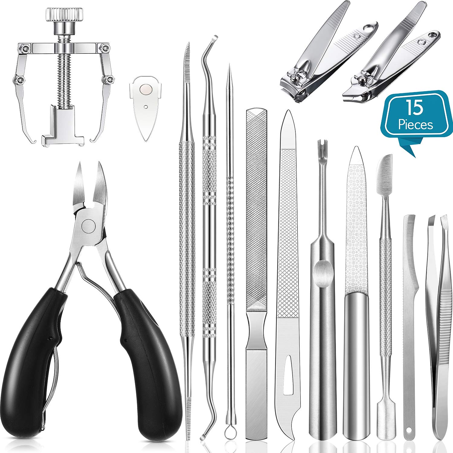 15-Piece Stainless Steel Ingrown Toenail Care Kit - Professional Nail Clippers, Cuticle Trimmers, Toenail Lifter & File for Ingrown & Thick Nails - Perfect for Home Pedicure & Manicure (Black)