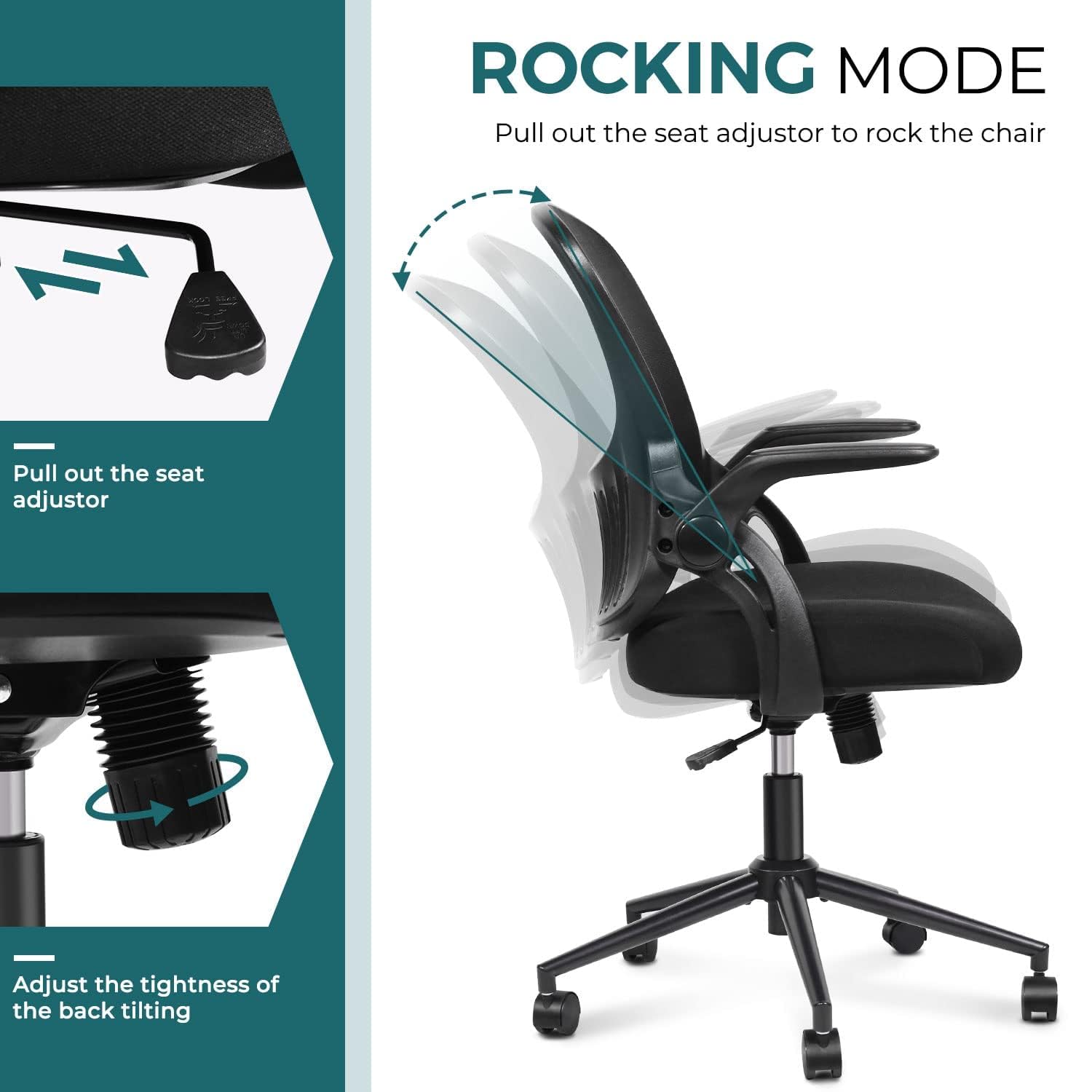 Ergonomic Mesh Office Chair with Lumbar Support - Adjustable Mid-Back Computer Gaming Desk Chair, Flip-Up Arms & Swivel Wheels - Comfortable Work Chair for Home Office, Bedroom, Study Room - Perfect for Long Hours of Work, Gaming & Online Classes (Black)