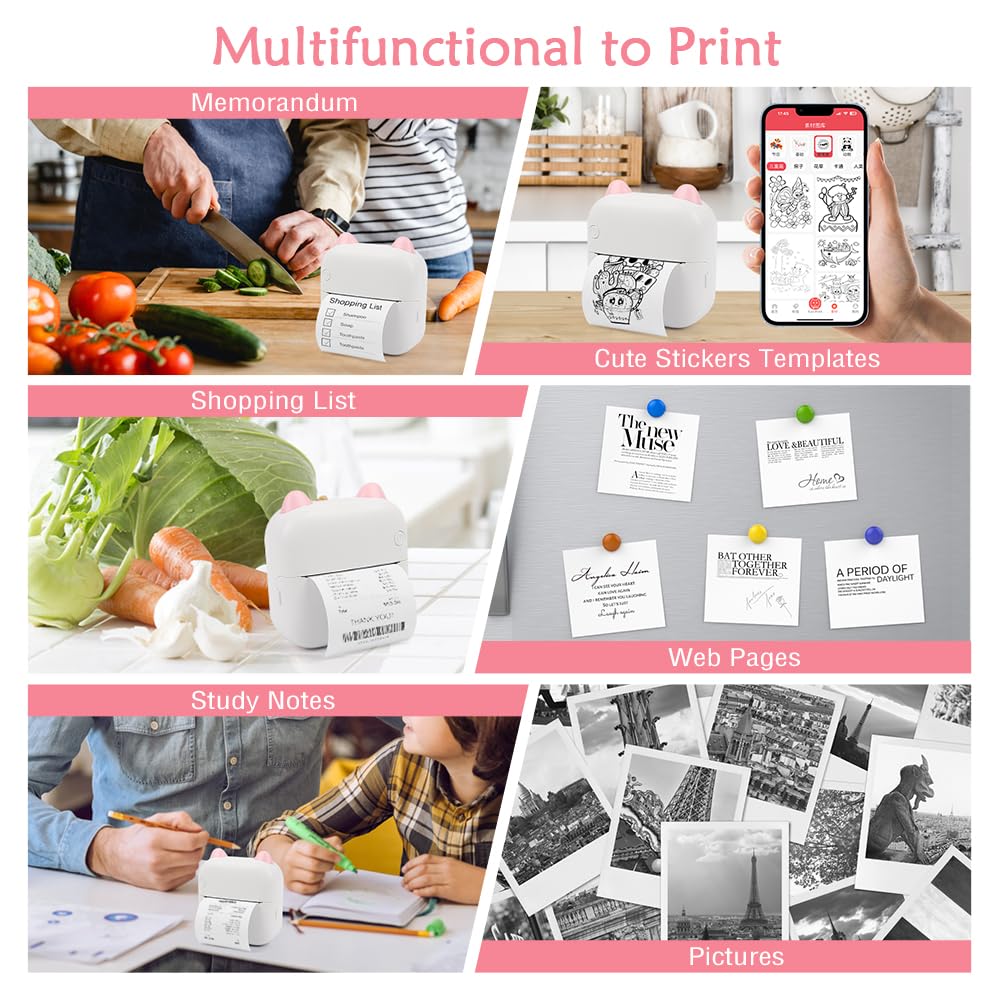 Mini Portable Wireless Thermal Printer - Inkless Sticker Printer for Phone with 10 Roll Papers | Cute Pink Printer for Scrapbooking, Note Taking & DIY Projects | Perfect Gift for Students, Artists & Craft Lovers | Home, Office & School Use