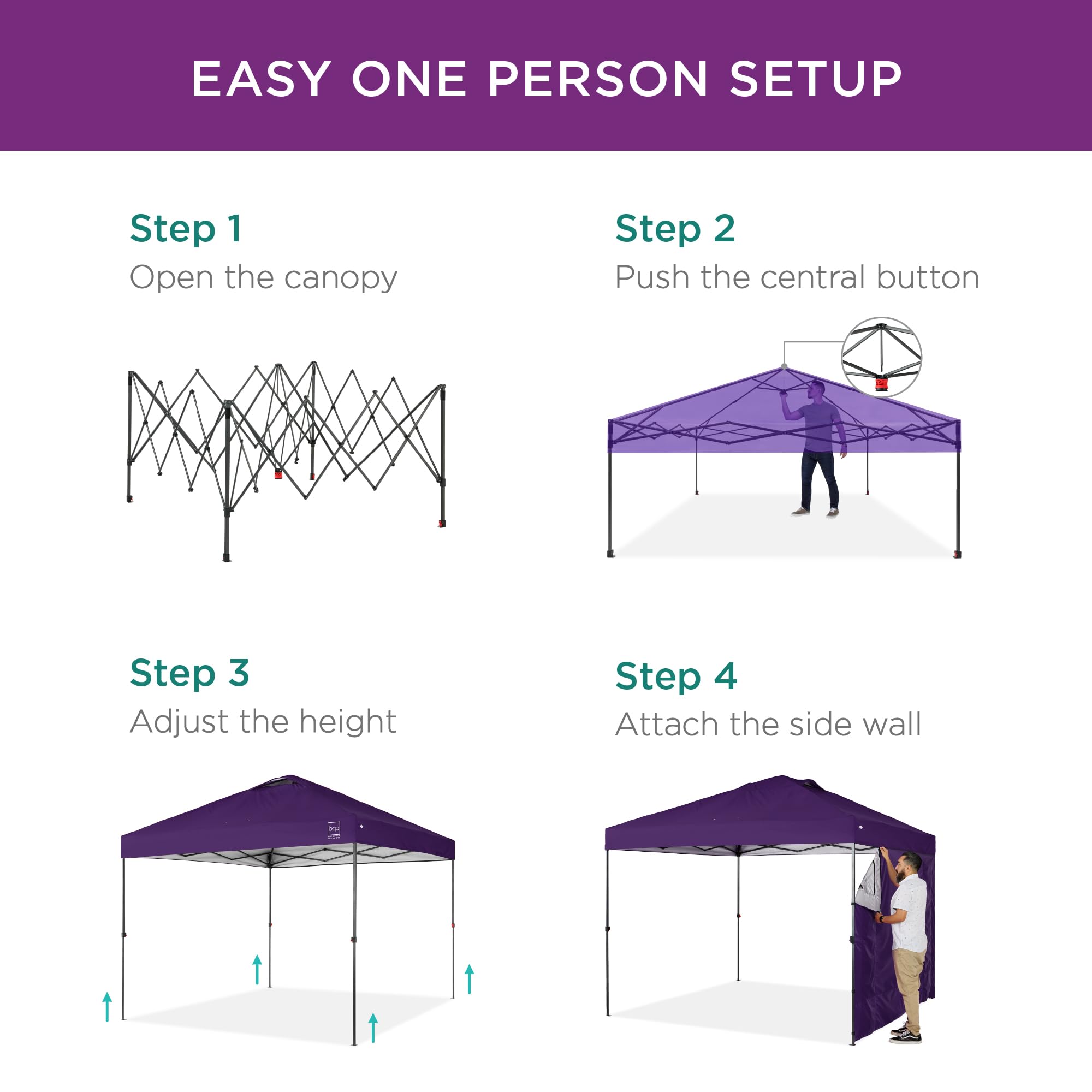 Best Choice Products 10x10ft Instant Pop Up Canopy Tent with Side Walls - 10 Storage Pockets, Portable Carry Bag, 1-Button Quick Setup, 4 Sand Weight Bags - Amethyst Purple for Outdoor Events, Camping, Beach & Backyard Parties