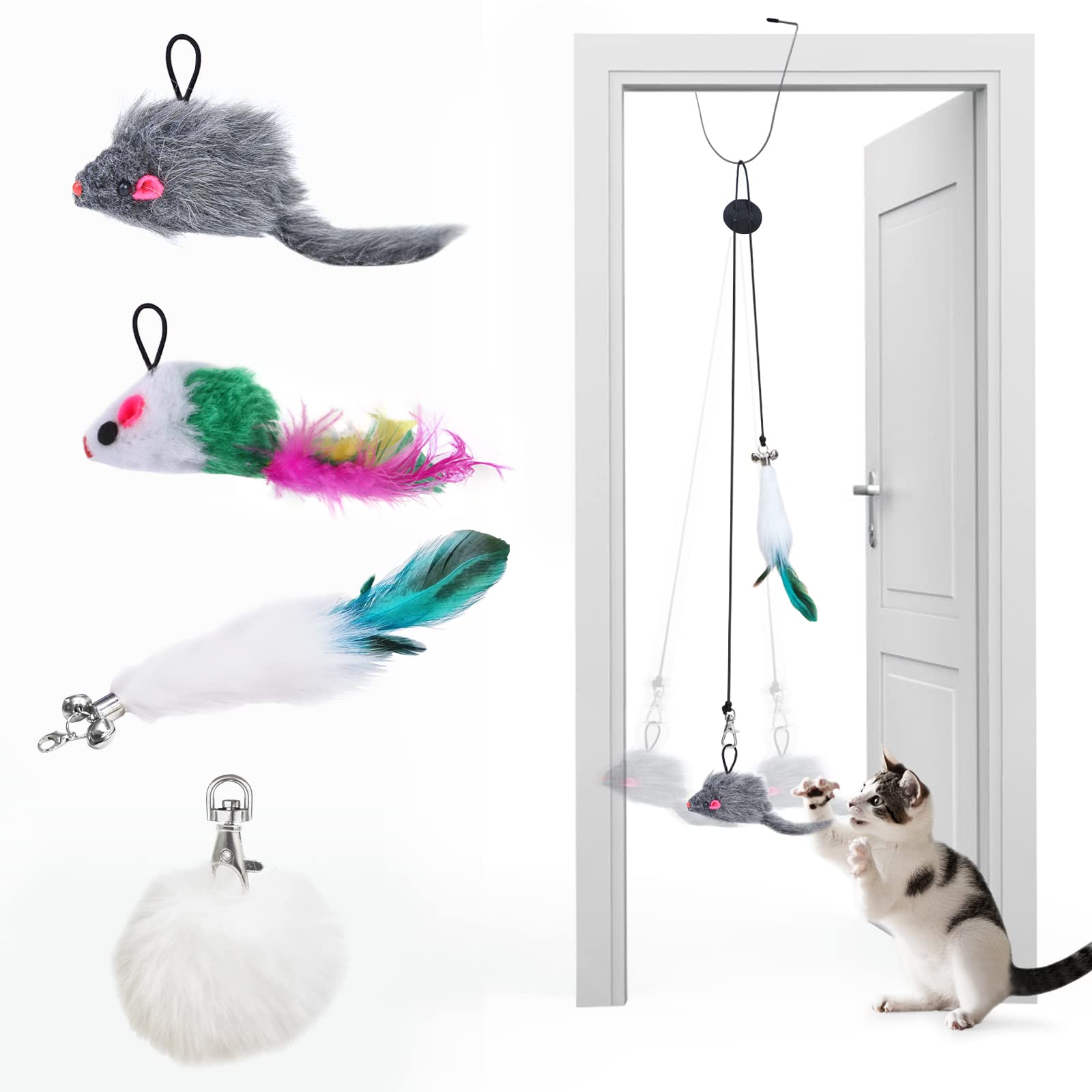 Otunrues Interactive Cat Feather Toys - 4PCS Retractable Hanging Doorway Cat Teaser with Replaceable Natural Feather Refills - Fun Exercise & Puzzle Play for Indoor Cats - Perfect for Playtime, Training & Bonding with Your Feline Friend