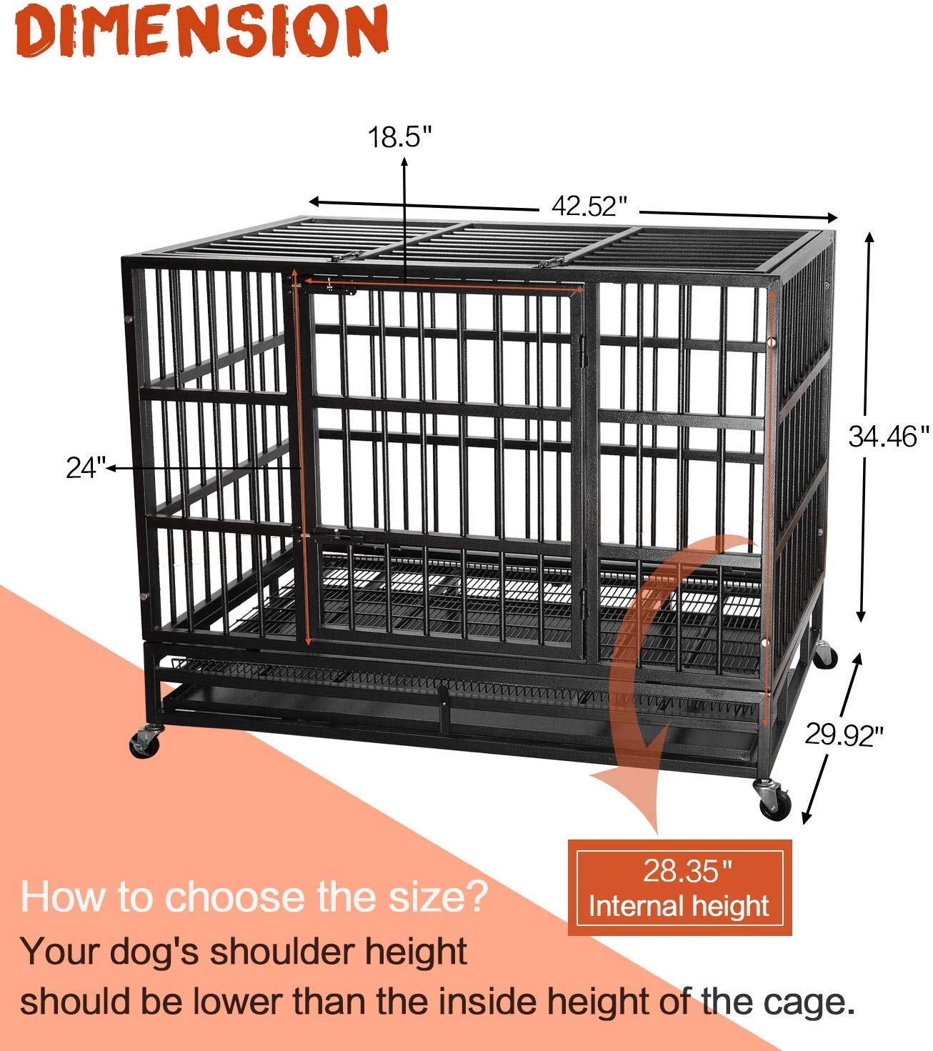 LEMBERI 42 Inch Heavy Duty Indestructible Dog Crate - Escape Proof Large Dog Kennel with Lockable Wheels & Removable Tray, High Anxiety Double Door Dog Cage for XL Breeds - Perfect for Indoor Use, Travel & Vet Visits