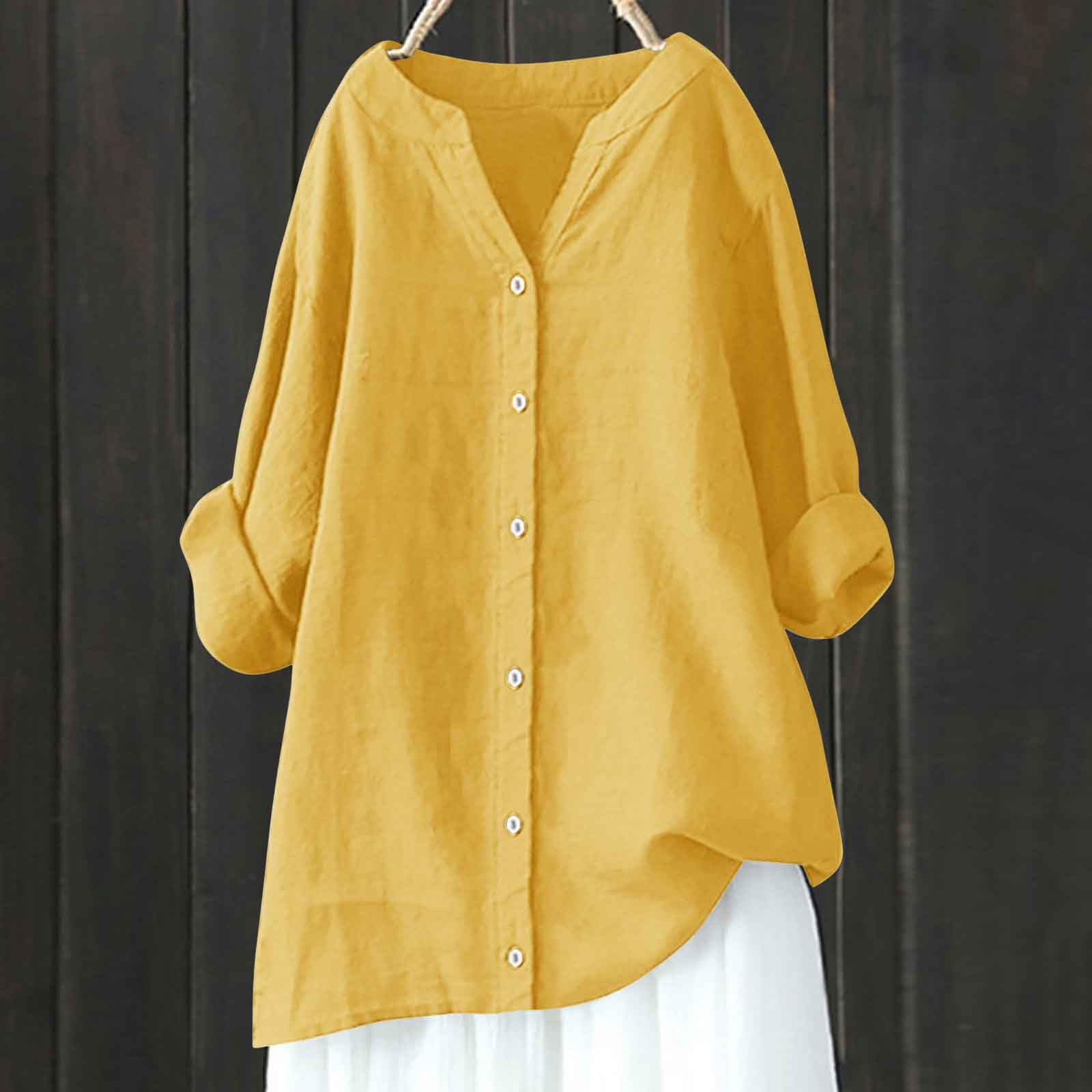 2024 Trendy Women's Summer Linen Tops - V Neck Long Sleeve Casual Button Up Tunic Shirts for Vacation & Beach Wear | Perfect for Travel, Office & Weekend Outfits