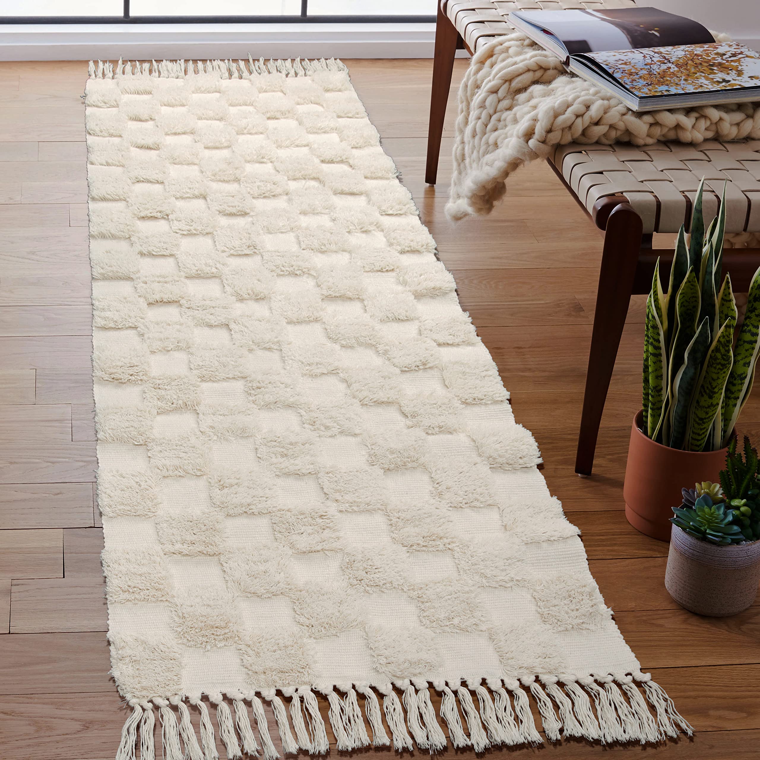 Lanffia Boho Checkered Tufted Rug - 2x6 Runner Rug Beige Washable with Tassels | Farmhouse Floor Carpet for Kitchen, Bathroom, Laundry, Bedroom & Living Room | Perfect for Hallways, Doorways & High-Traffic Areas