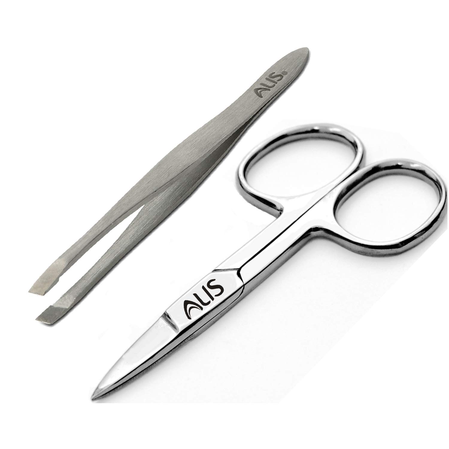 Precision Slant Tip Tweezer & Scissor Set for Moustache, Beard, Eyebrow & Nose Hair Trimming - Perfect for Upper Lip & Eyebrow Grooming at Home or Salon