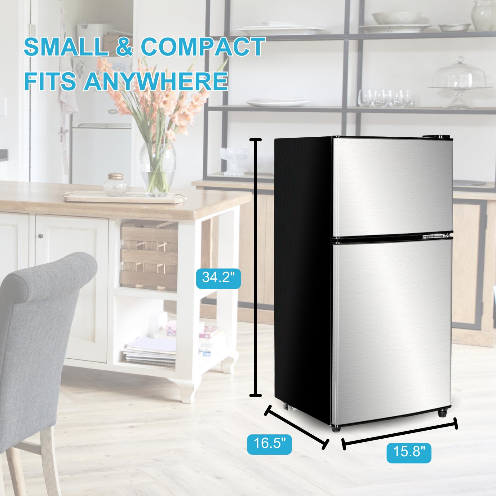 3.2 Cu Ft Energy Efficient Refrigerator with Freezer - 2 Door Compact Fridge for Apartments, Dorms, Kitchens, Offices & Bedrooms - Ultra Quiet Cooling for Small Spaces