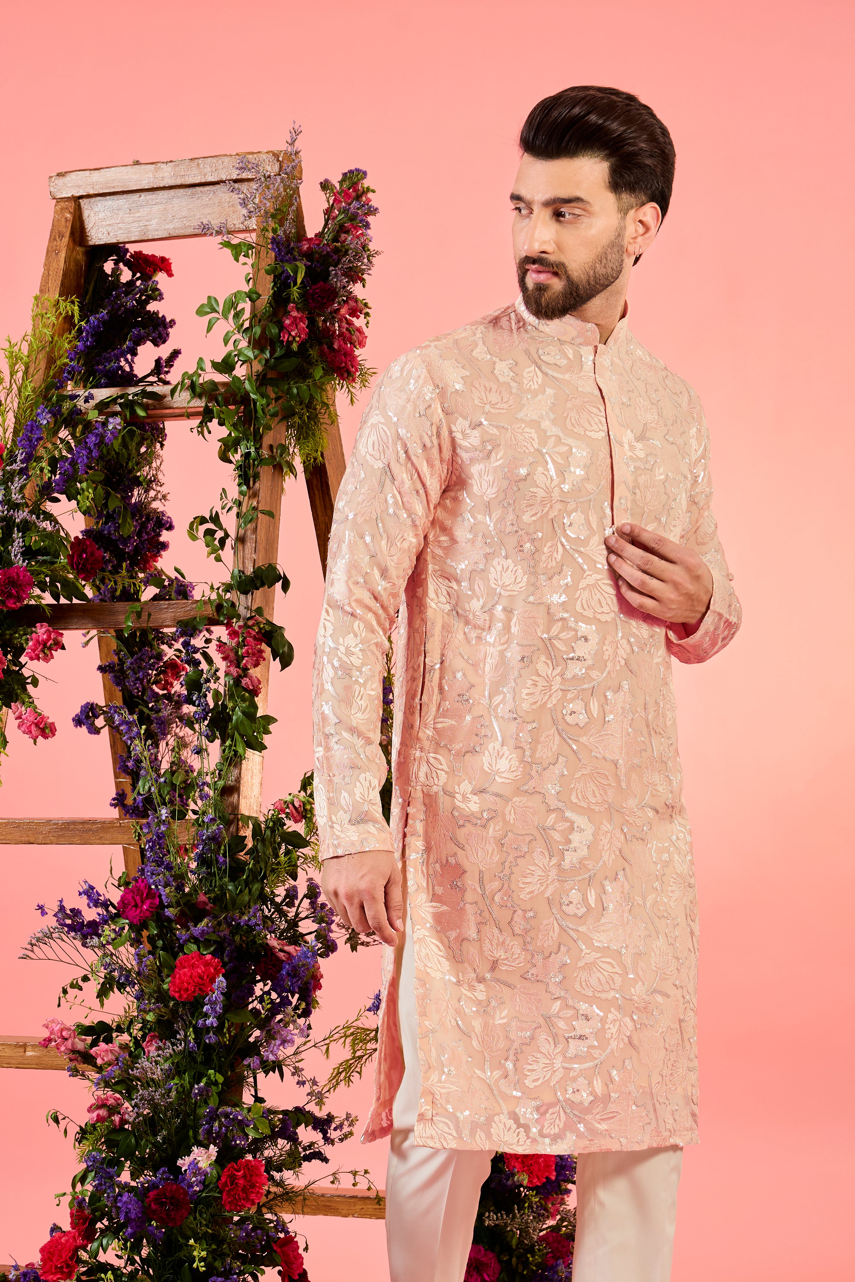 Peach Chinkari Kurta with Intricate Floral Embroidery - Elegant Indian Traditional Dress for Women - Perfect for Festivals, Weddings & Special Occasions