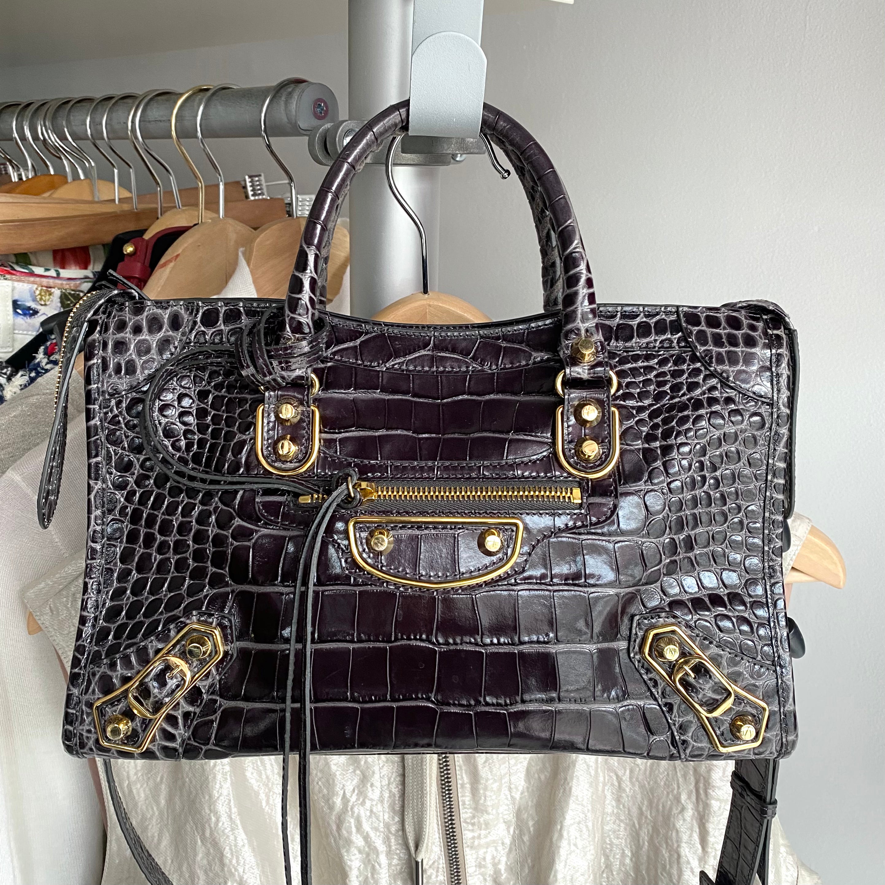 Balenciaga Dark Grey Croc Embossed Small Metallic Edge City Bag - Luxury Designer Handbag for Women, Perfect for Everyday Use & Night Out