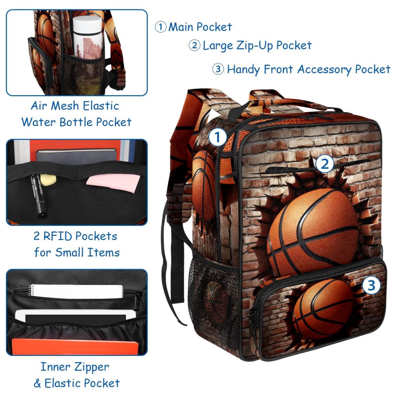Durable Travel Backpack for Men & Women - Water-Resistant Basketball Wall Texture Design - Perfect for Hiking, Gym, Work & Outdoor Adventures