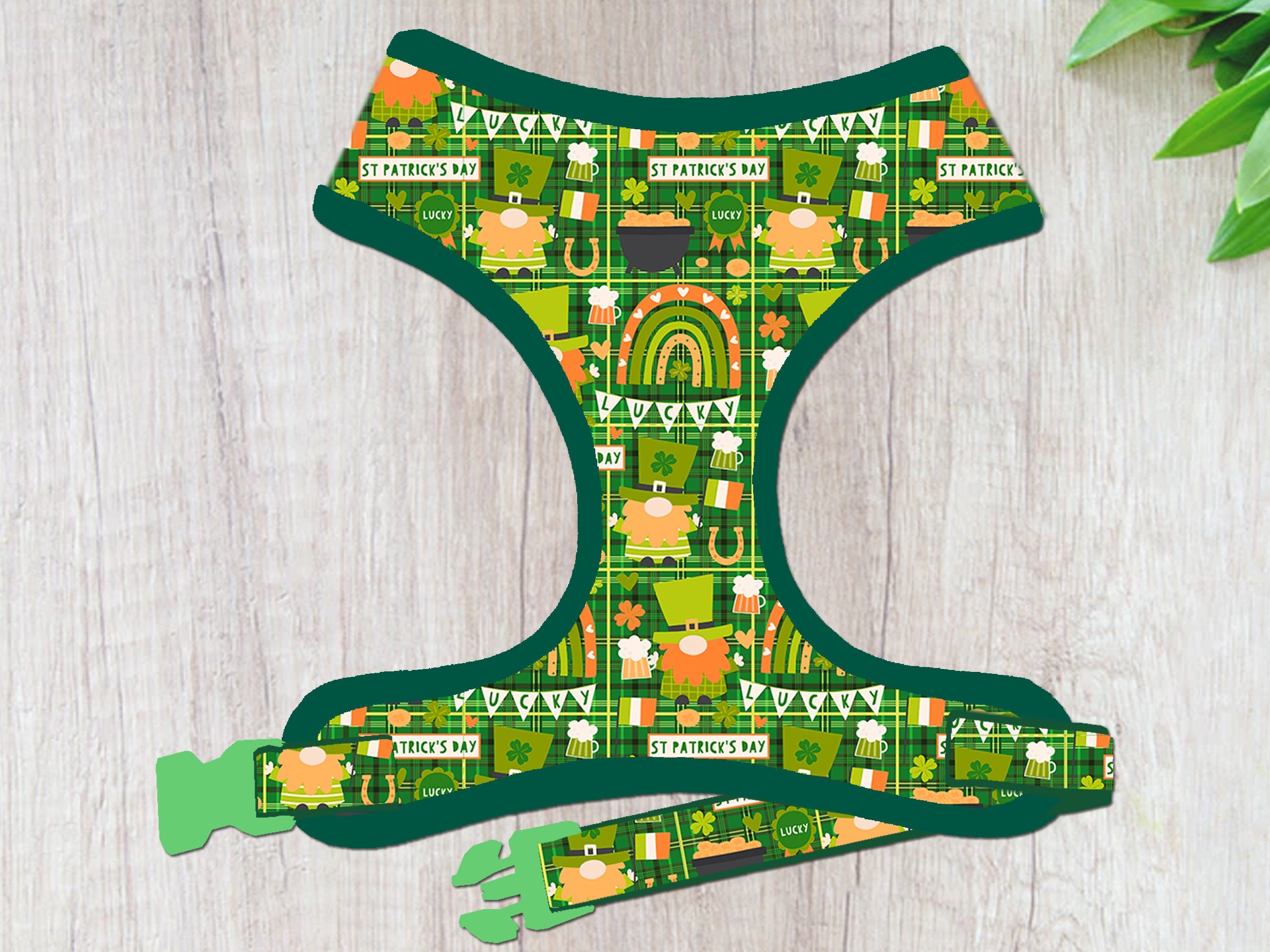 St. Patrick's Day Dog Harness - Plaid Design with Lucky Gnome Patterns | Festive Pet Costume for Irish Celebrations & Parades