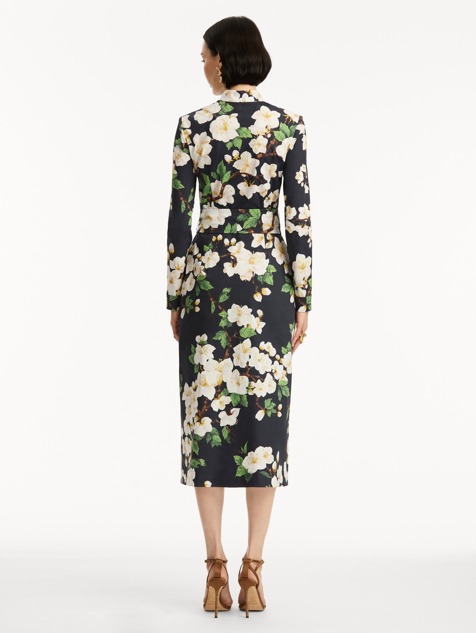 Cherry Blossom Floral Print Cotton Poplin Pencil Dress for Women - Elegant Office & Spring Wedding Guest Outfit