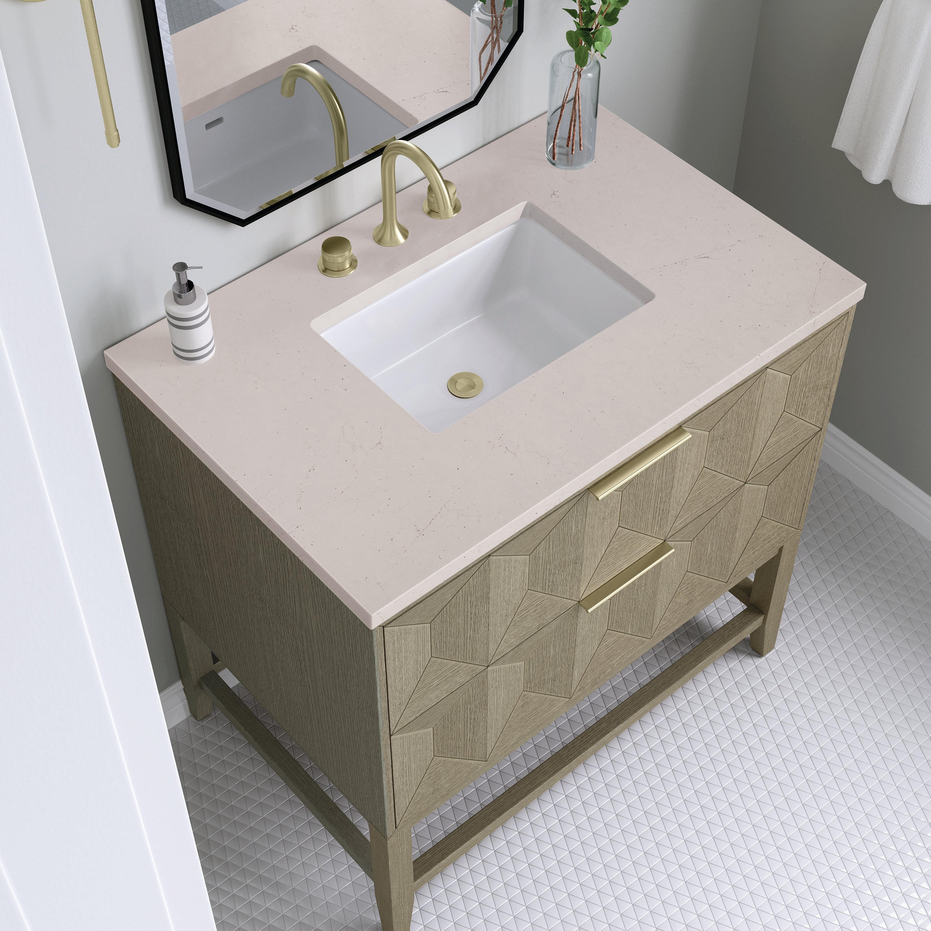 Emmeline 36 Inch Single Bathroom Vanity with Pebble Oak Finish & 3CM Eternal Marfil Stone Top - Perfect for Modern Master Bathrooms & Powder Rooms