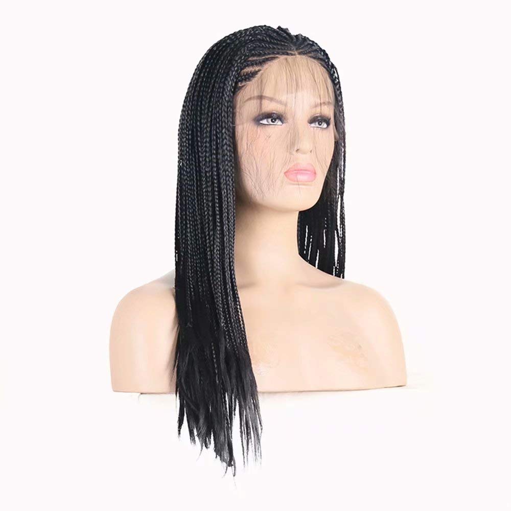 RONGDUOYI RDY 18 Inch Black Braided Lace Front Wig for Black Women - Natural Hairline Synthetic Pre-Plucked Glueless Braid Wig (180% Density, Style 2) - Perfect for Cosplay, Daily Wear & Protective Hairstyles
