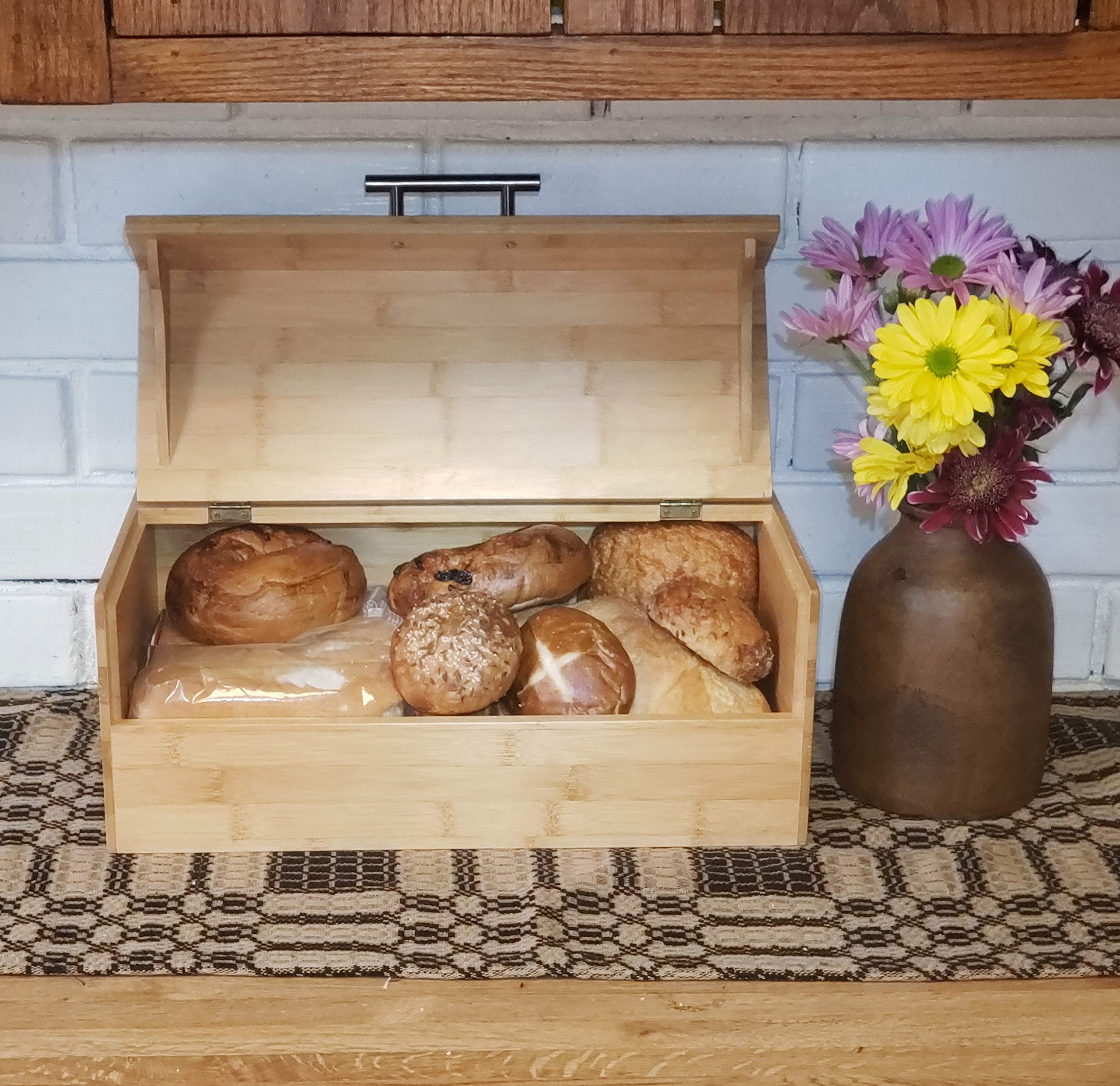 Natural Bamboo Wood Bread Storage Box with Hinged Lid & Handle - Large Kitchen Countertop Organizer for Bread, Pastries & Baked Goods - Perfect for Pantry, Bakery & Home Kitchen Organization