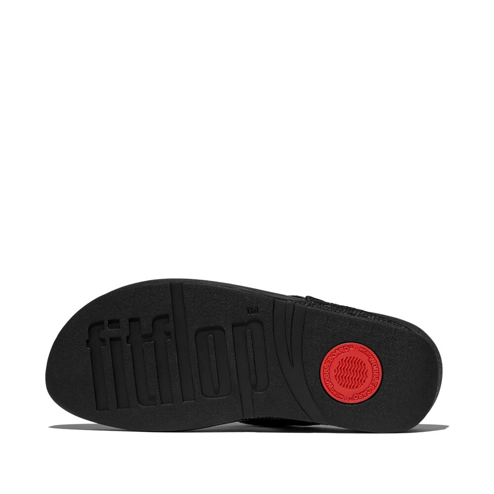 FitFlop Lulu Crinkled Shimmer Sandals for Women - Metallic Black | Comfortable Summer Beach Flip Flops with Arch Support | Perfect for Vacation, Poolside & Casual Outings