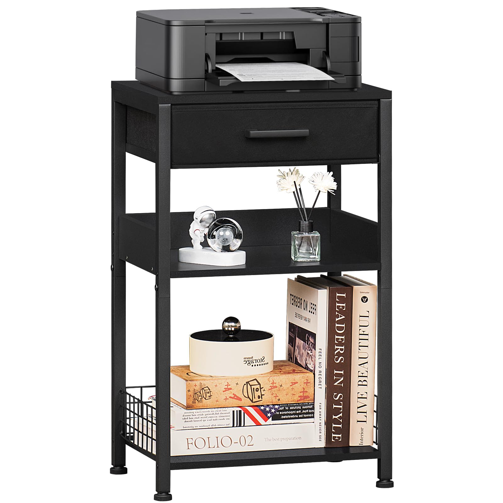 Lerliuo 3-Tier Industrial Printer Stand with Fabric Drawer - Pure Black Wooden Printer Table with Storage Shelf, Modern Tall End Table & Nightstand for Home Office - Perfect for Scanner, Fax Machine & Small Spaces Organization
