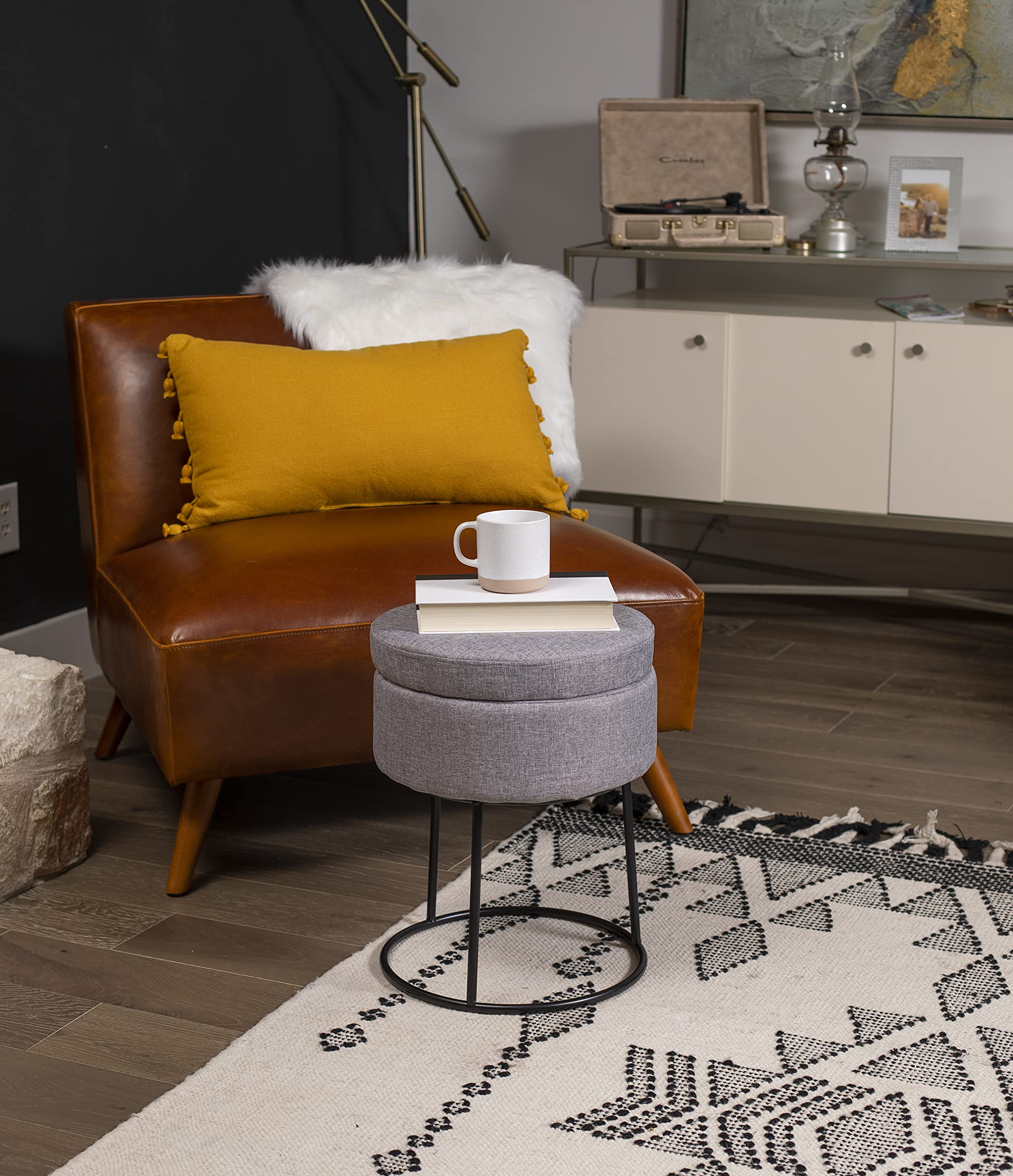 BIRDROCK HOME Grey Linen Storage Stool Ottoman with Black Metal Legs - Compact Padded Seat Footrest for Living Room, Office, Bedroom - Multi-Purpose Storage Bench for Home Decor, Vanity, Dorm & Small Spaces