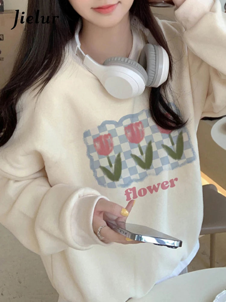 Sweet Apricot Pullover Sweatshirt for Women - Casual Loose Fit O-Neck Basic Hoodie - Winter Fashion Office Wear & Everyday Comfort