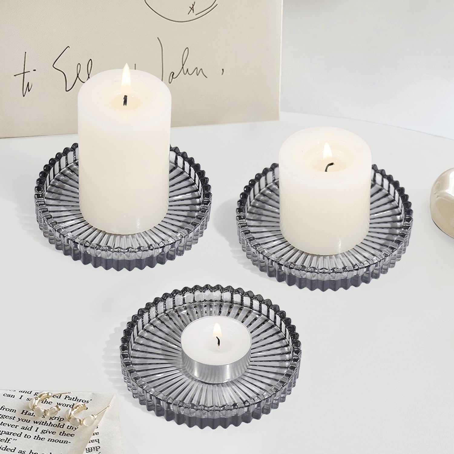Glass Pillar Candle Holders Set of 6 - 4 Inch Gray Candle Plates for Wedding Centerpieces, Party Decor, Holiday Table Settings & Home Decoration - Elegant Dining Table Centerpiece for Romantic Dinners & Special Occasions