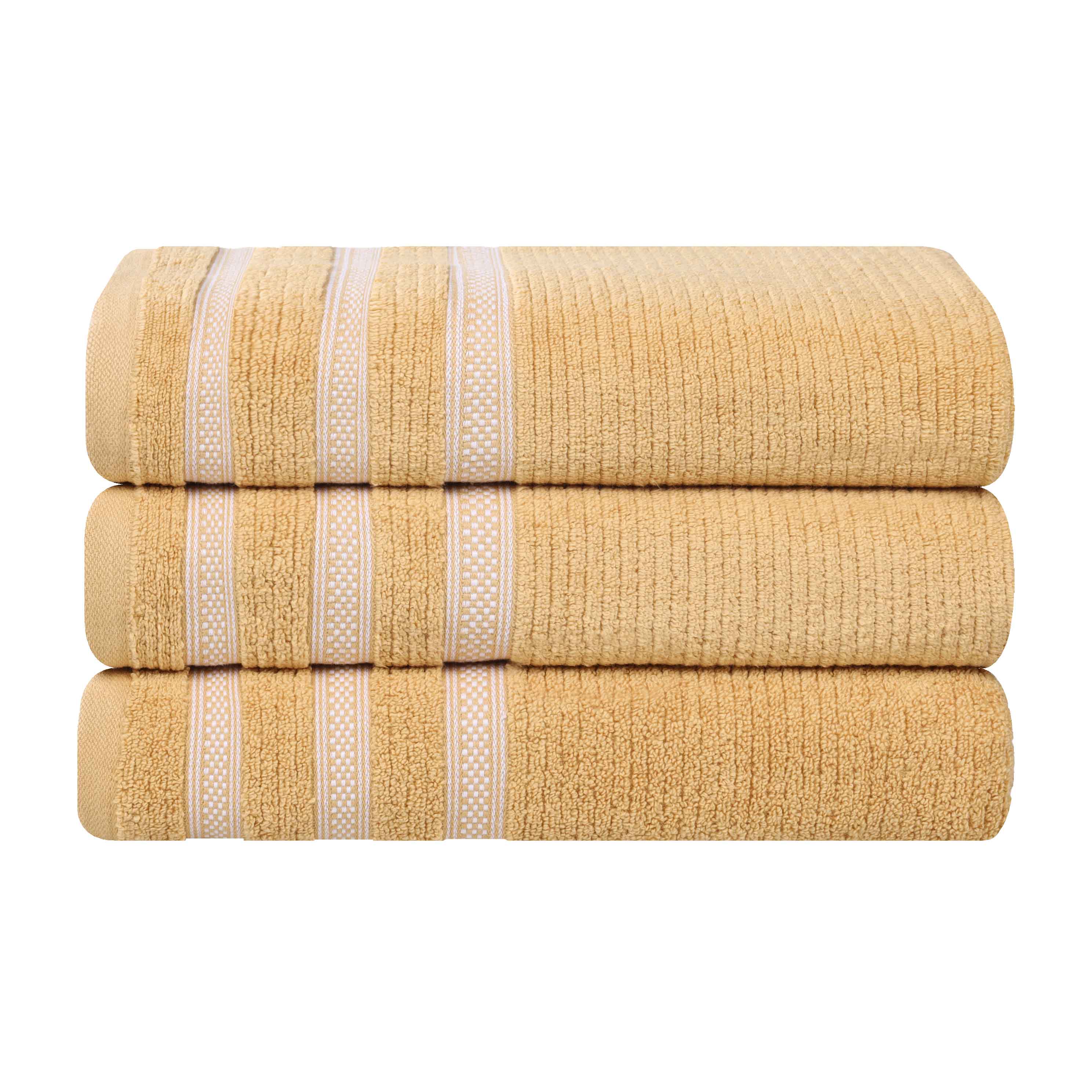 Soft Zero Twist Cotton Ribbed Geometric Border Plush Bath Towel Set of 3 - Ultra Absorbent & Quick Dry for Spa, Beach, and Luxury Bathroom Use