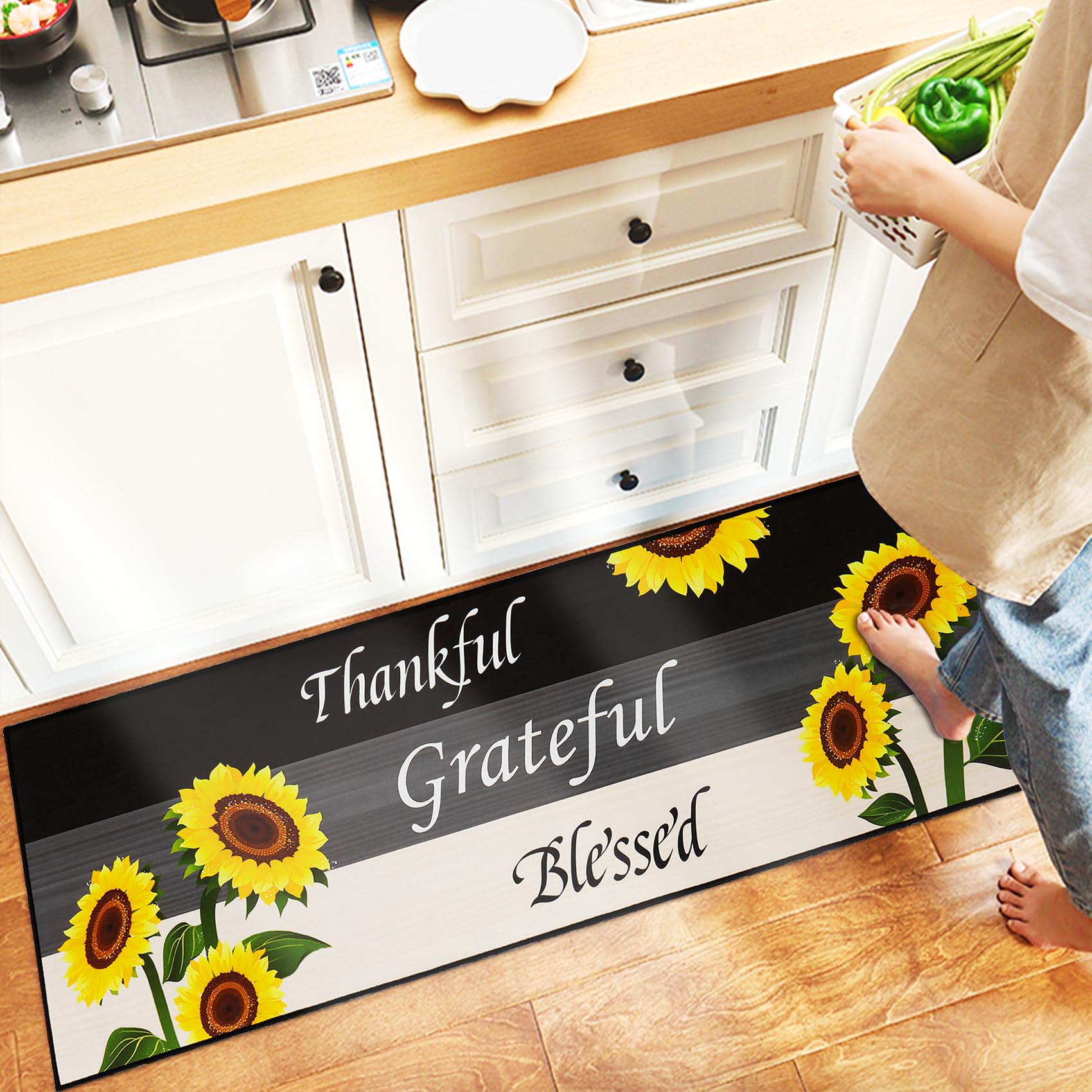 2 Pcs Washable Non-Slip Sunflower Kitchen Rugs Set - Cushioned Floor Mats for Home, Sink, Bathroom, Standing Comfort - Perfect for Kitchen Runner, Laundry Room, and Entryway Decor