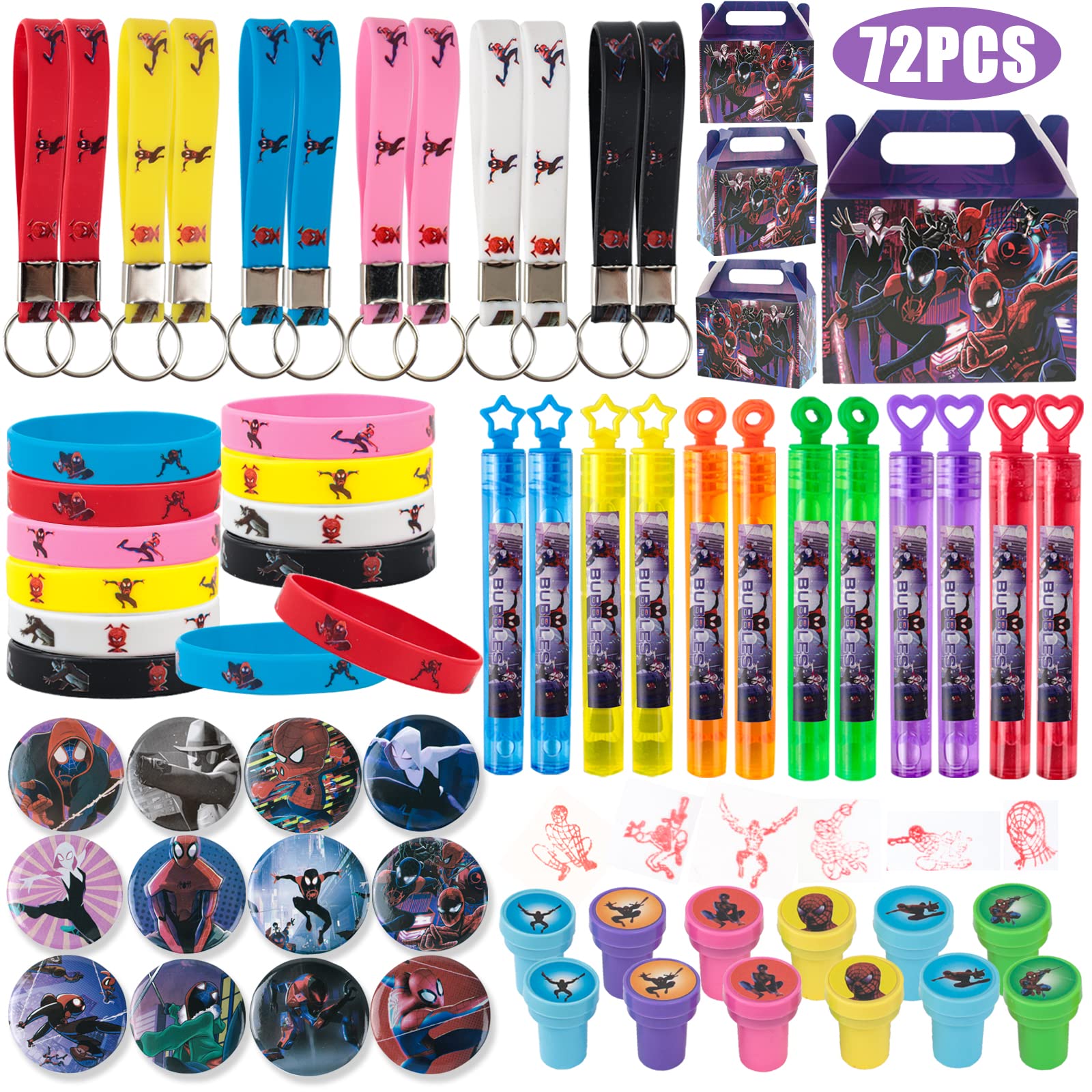 12-Pack Spider-Themed Party Favors Set - Keychains, Bubbles, Wristbands, Goodie Bags, Stamps & Badges for Birthday Parties, Classroom Rewards, Carnival Prizes, Pinata Stuffers - Perfect Gift for Kids, Boys & Girls - Great for Halloween, Christmas & School Events