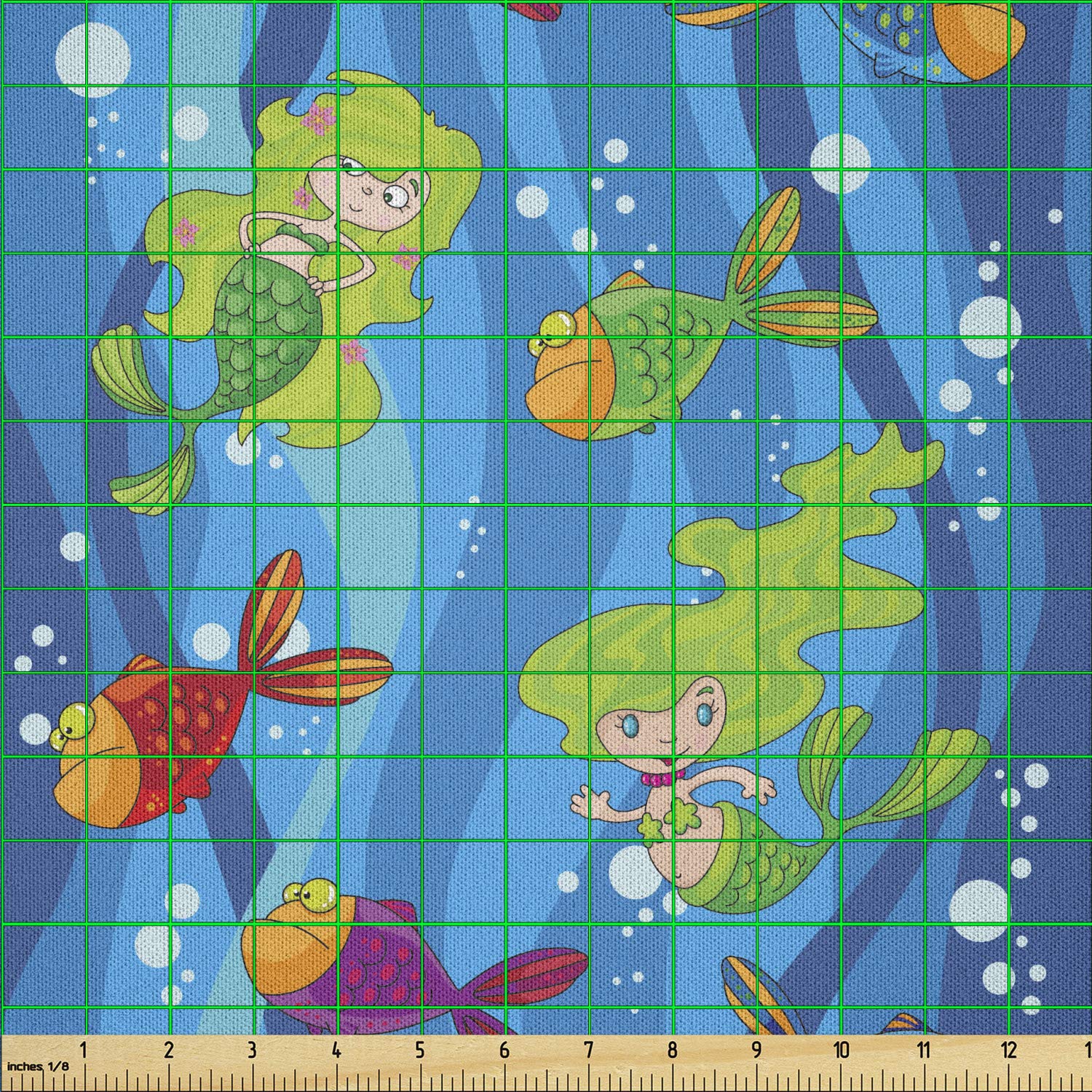 Lunarable Mermaid Fabric by The Yard - Blue Green Underwater Ocean Print with Fishes, Mermaids & Bubbles - Soft Microfiber Textile for DIY Crafts, Sewing Projects & Home Decor (10 Yards) - Perfect for Kids' Room Curtains, Pillow Covers & Quilting