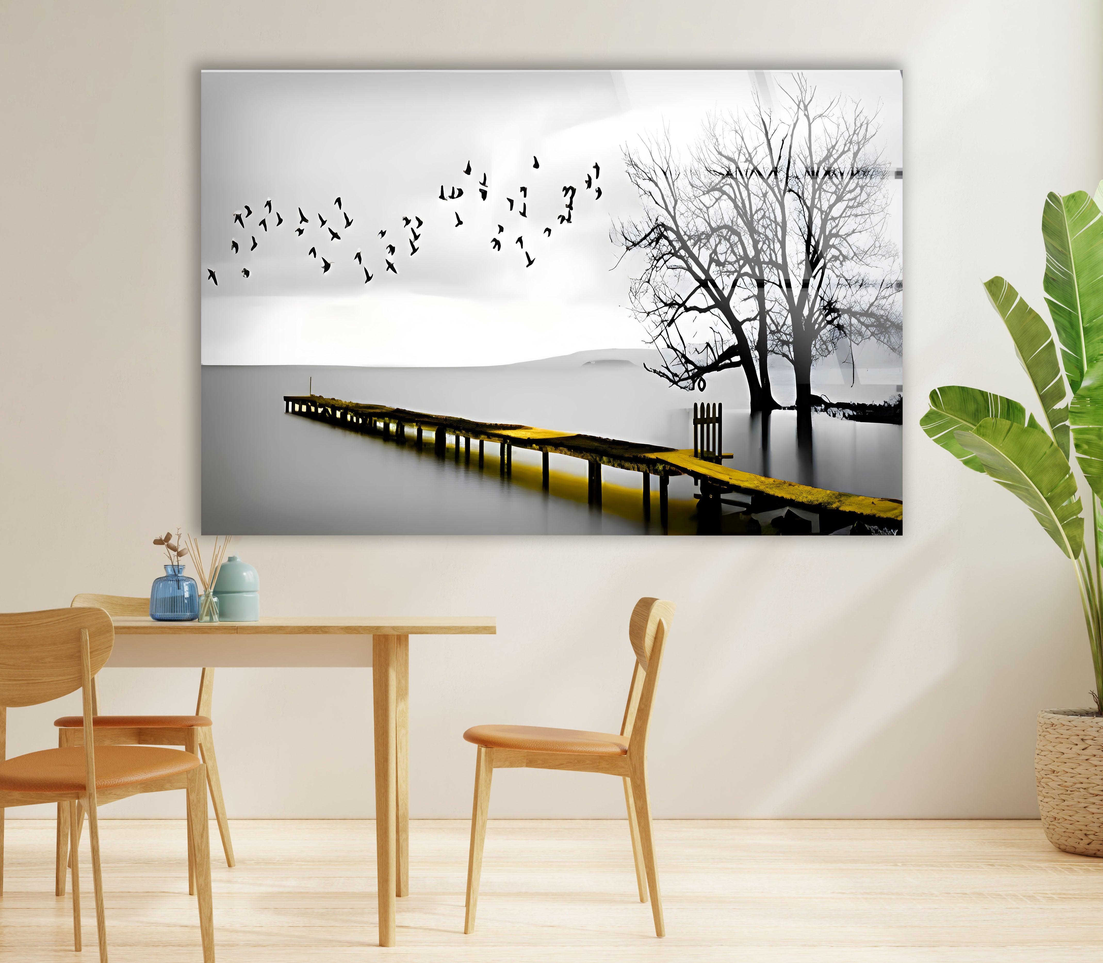 Black and White Dock & Birds Glass Wall Art - Elegant Coastal Decor for Living Room, Bedroom, or Office