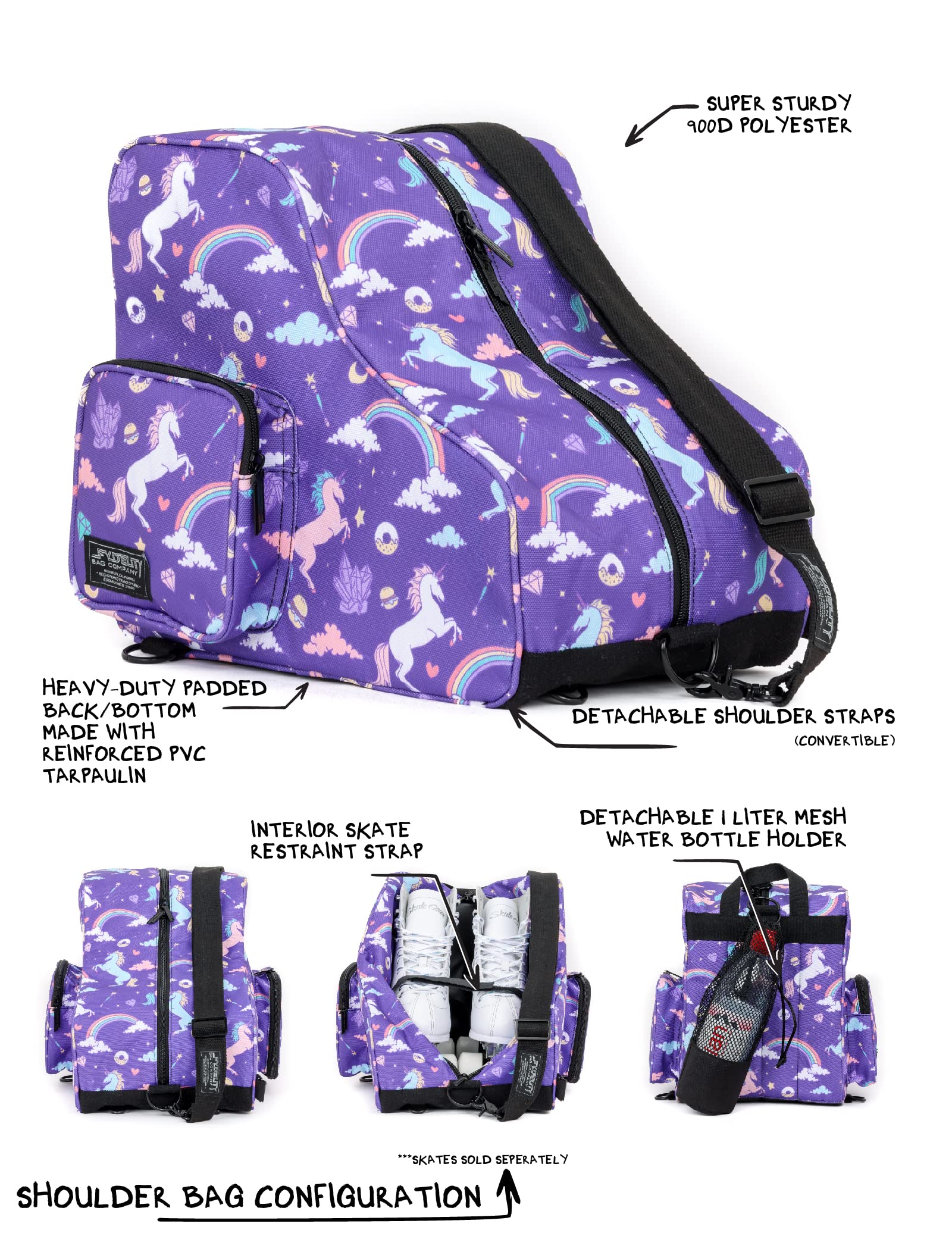 Fydelity Roller Skate Backpack for Women & Girls - Durable Checkered Rainbow Black Ice Skating Bag - Perfect for Rink, Park & Travel Accessories