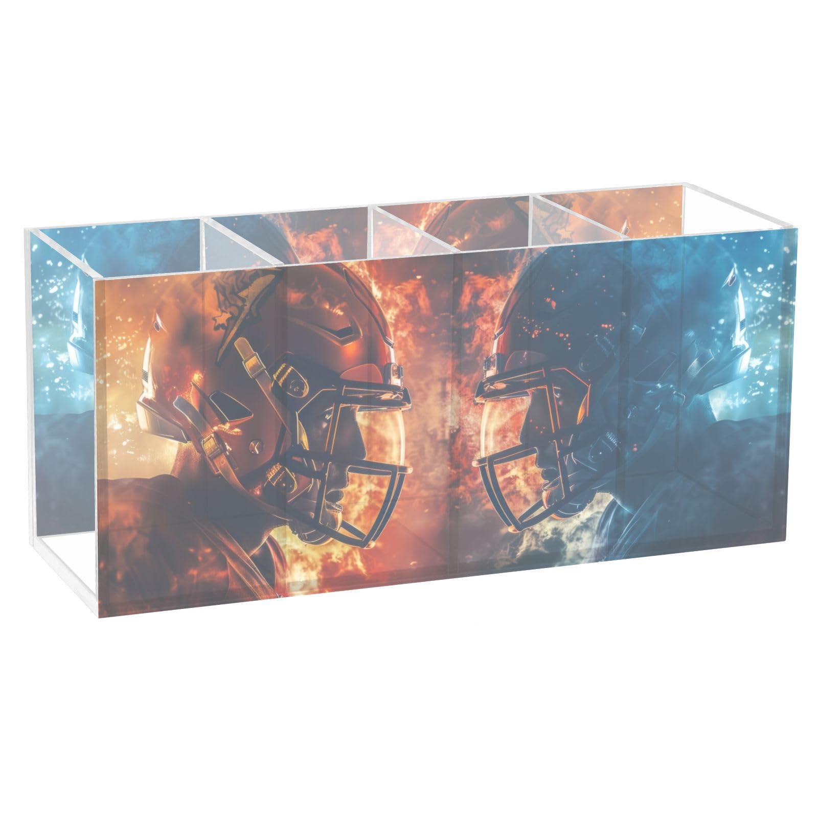 PDZRMY Rugby Player Themed Acrylic Pen Holder - 4 Compartments Desk Organizer for Pens, Pencils, Hair Brushes & Utensils - Red & Blue Personalized Pattern - Perfect for Office, School & Home Organization
