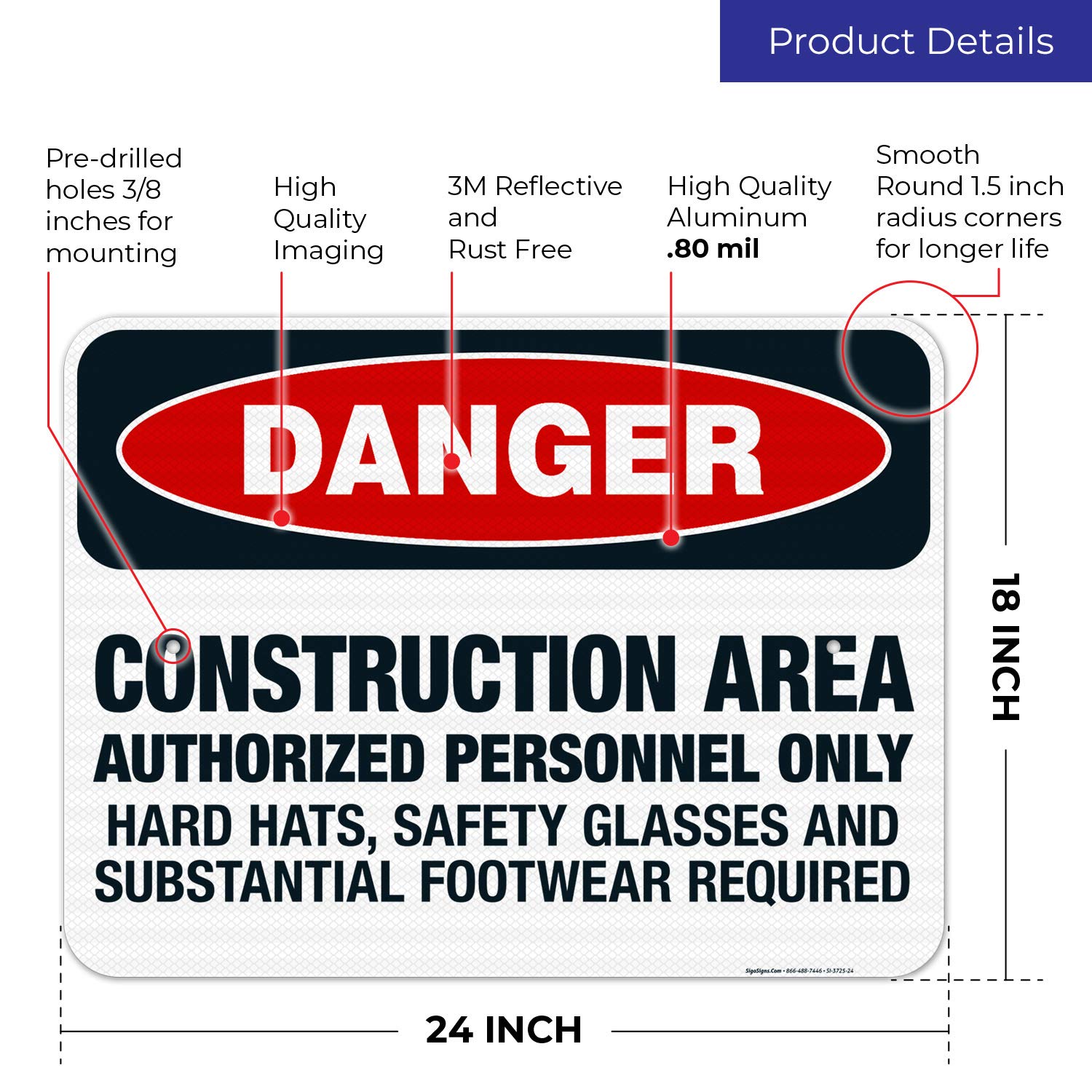 OSHA Approved Construction Safety Sign - Authorized Personnel Only, Safety Glasses Required - 18x24 Inch Reflective Aluminum Sign for Job Sites - Durable 3M EGP .080 Aluminum, Weatherproof for Indoor/Outdoor Use - Made in USA - Perfect for Construction Zones, Warehouses & Industrial Areas