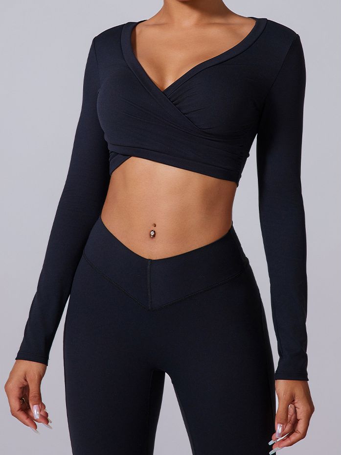 ZASUWA Women's Twist Deep V-Neck Elastic Tight Quick Dry Long Sleeve Workout Top - Perfect for Yoga, Running & Gym Fitness