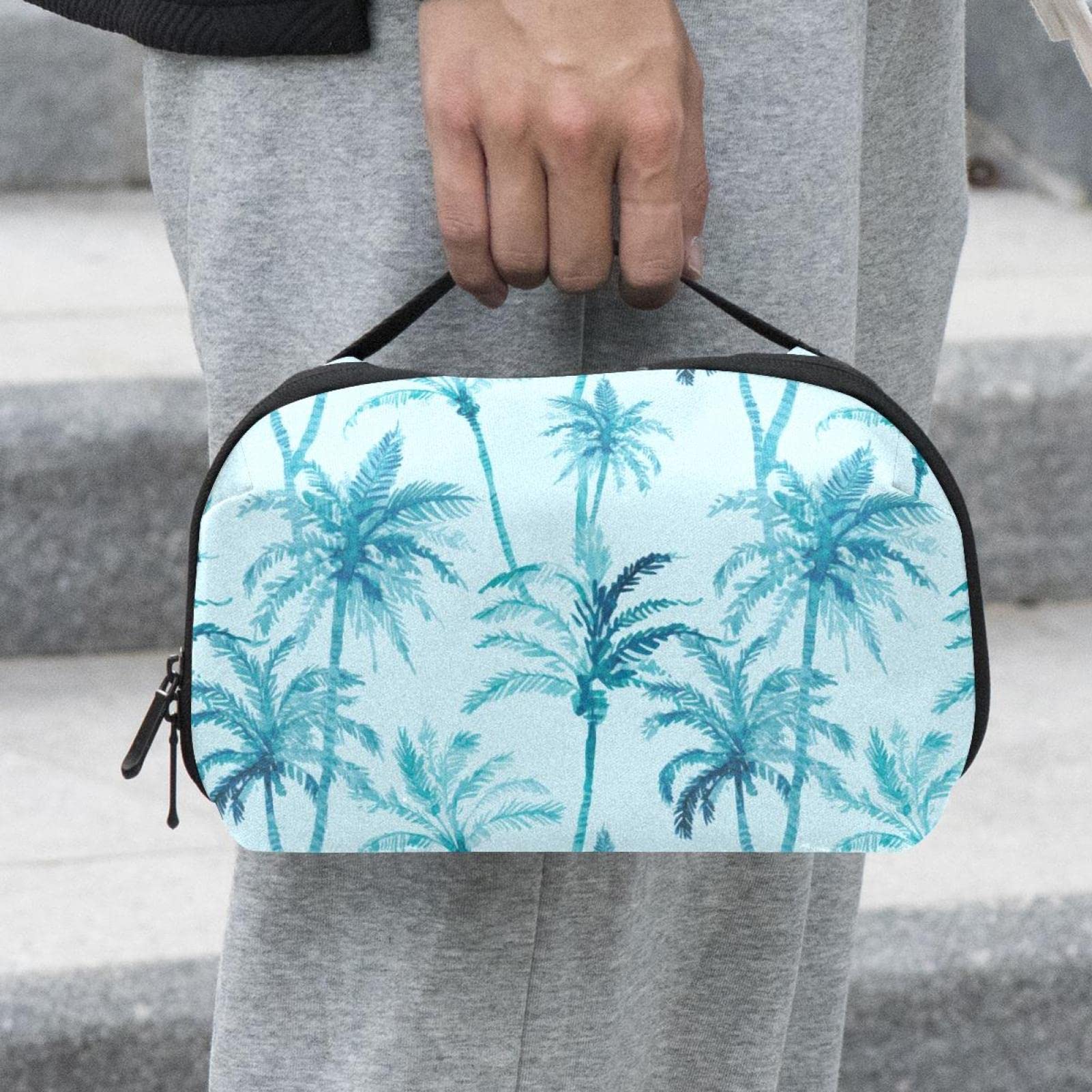 Large Waterproof Makeup Bag with Zipper - Travel Cosmetic Organizer for Women & Girls, Blue Coconut Tree Tropical Design - Perfect for Summer Travel, Beach Trips & Daily Beauty Storage